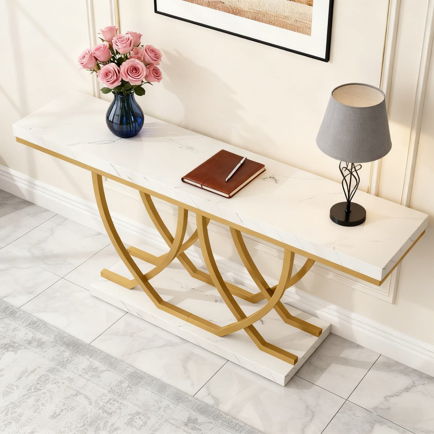 Sidetable – Consoletafel – Wandtafel – Haltafel – Bijzettafel – Wit Kunstmarmerblad – Gouden Metalen Onderstel – Stevig Hardhout & MDF – Vrijstaand & Ruim 150x35 cm