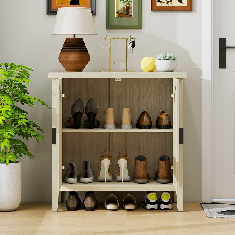 Modern Natural Rattan Storage Cabinet with Two Doors - Curved Sideboard or China Cabinet, Sturdy Metal Frame, Open Shelf & Closed Storage Compartments, Space-Saving Entryway, Living Room, Dining Room, Kitchen Organizer - No A