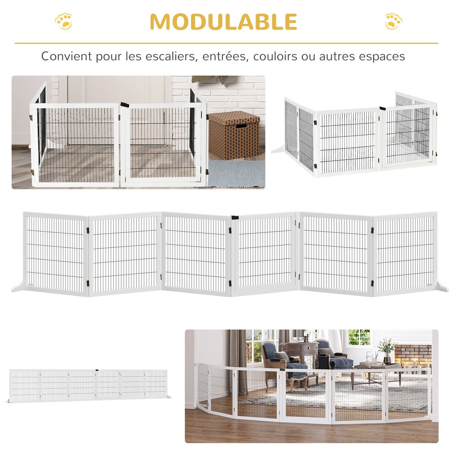 Hondenbarrière – Houten Hondenhek – Huisdier Afzetting – Zelfstaande Hondenscherm – Modulaire Hondenzone – 6 Panelen Inklapbaar – Stevig Massief Hout – 432 cm Breed – Wit
