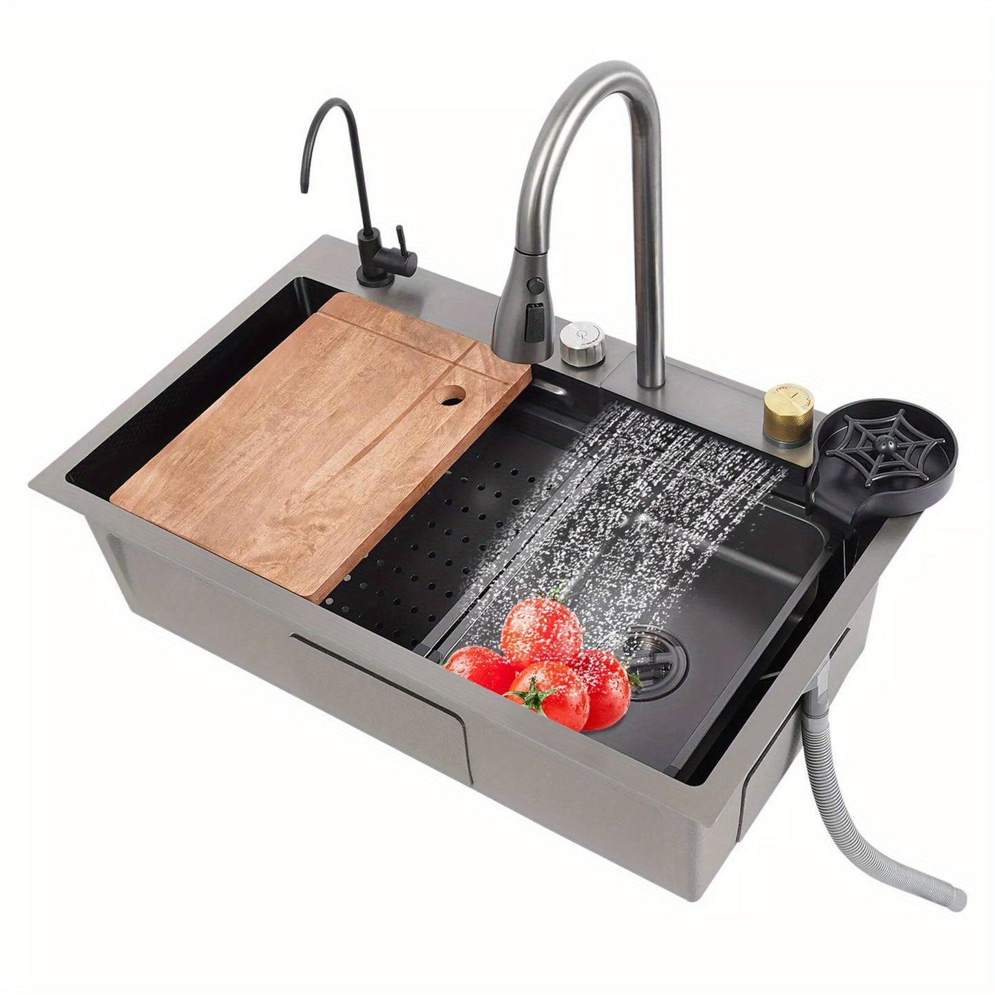 Keukenspoelbak – Gootsteen – Wasbak – Spoelbak – Enkele Spoelbak – RVS – Matzwart – Groot Enkelvoudig Bassin 75x45 cm – Inclusief Afdruipblad en Uittrekbare Kraan