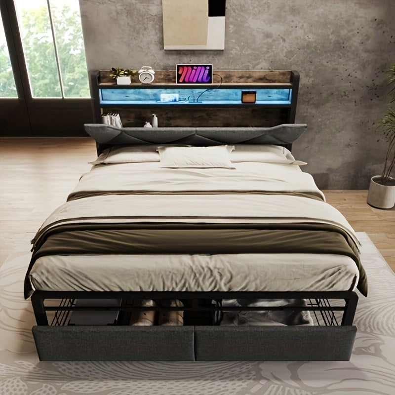 Bedframe – Bedframe Zonder Montage – Slaapbank – Bedframe Met Zijtafel – Slaapoplossing – Modern Grijs Bamboe – Stevig En Duurzaam – Geen Matras Nodig