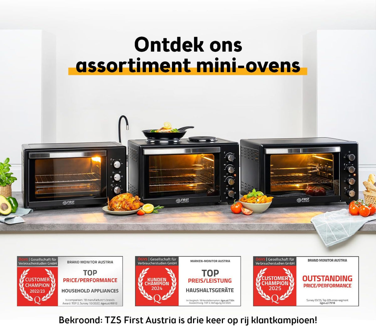 TZS First Austria - Minibakoven 35L 1600W - Mini Bakoven Pizzaoven traploze temperatuurregeling tot 230°C & antiaanbaklaag - Minioven 60 min. timer, 3 inschuifhoogtes, bakplaat & grillrooster