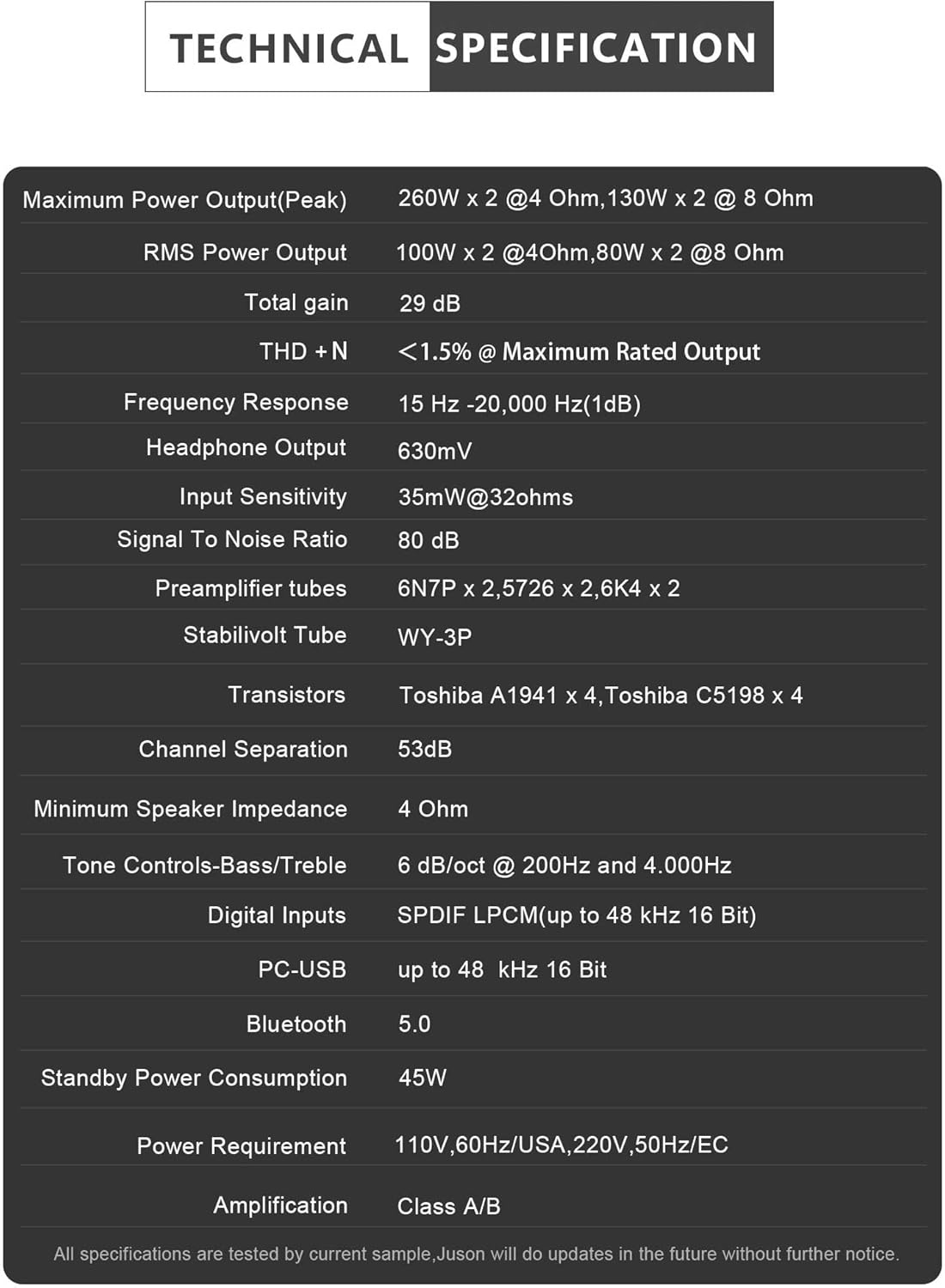 Juson Audio JTA100 200 W vacuümbuisversterker, geïntegreerde hybride met BT 5.0, Optisch AUX RCA Phono-ingang en hoofdtelefoonuitgang, 2.1CH Class AB, hifi home audio voor platenspeler