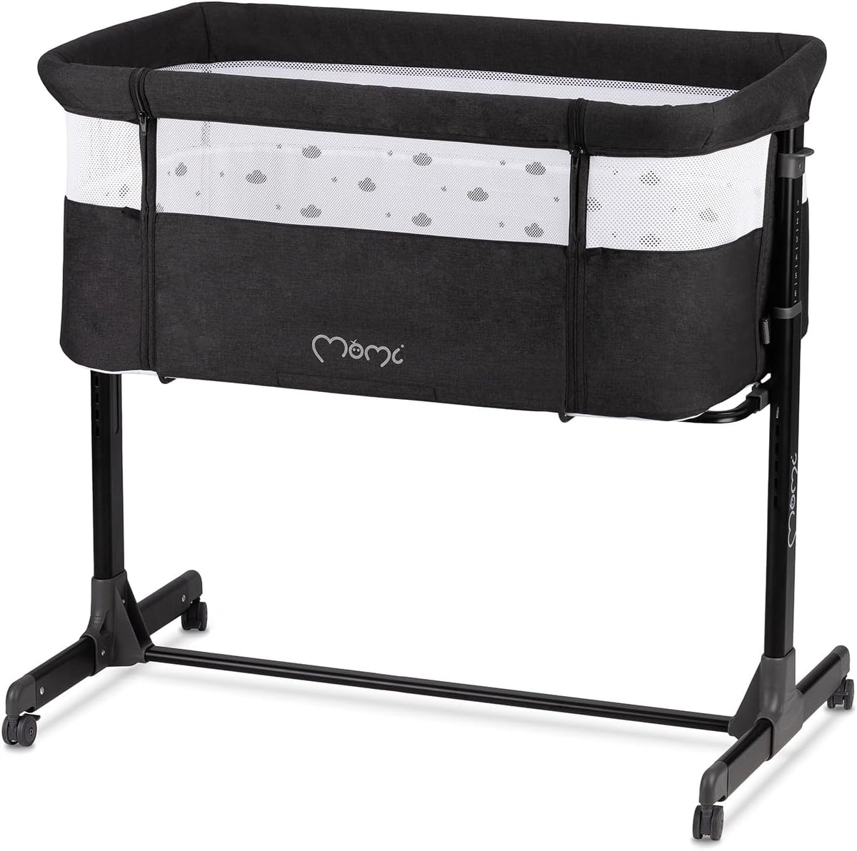 Momi Revo Multifunctionele bijzet- en kinderbed, 6-traps in hoogte verstelbaar van 72 tot 82 cm, met wielen, incl. matras, bevestigingsriemen, insectenbescherming en beugel met speelgoed