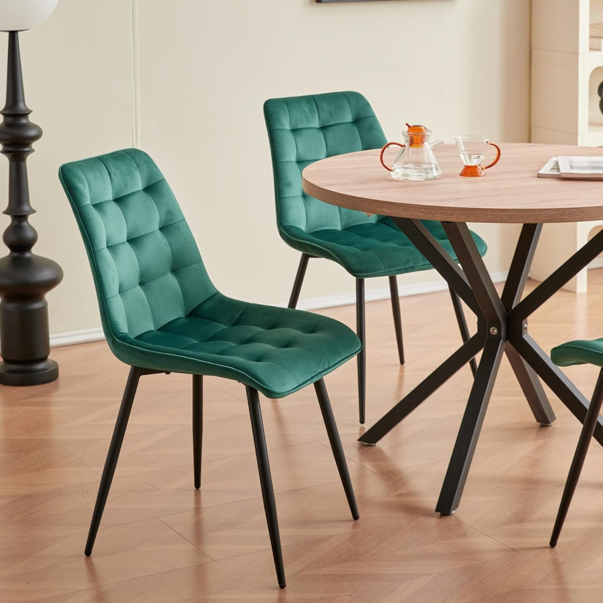 GrandCA HOME Eetkamerstoelen, set van 4, keukenstoel, fluwelen eetkamerstoel, fluwelen kussens en metalen poten, geschikt voor woonkamer/eetkamer/keuken/slaapkamer/kantoor (donkergroen, 4)