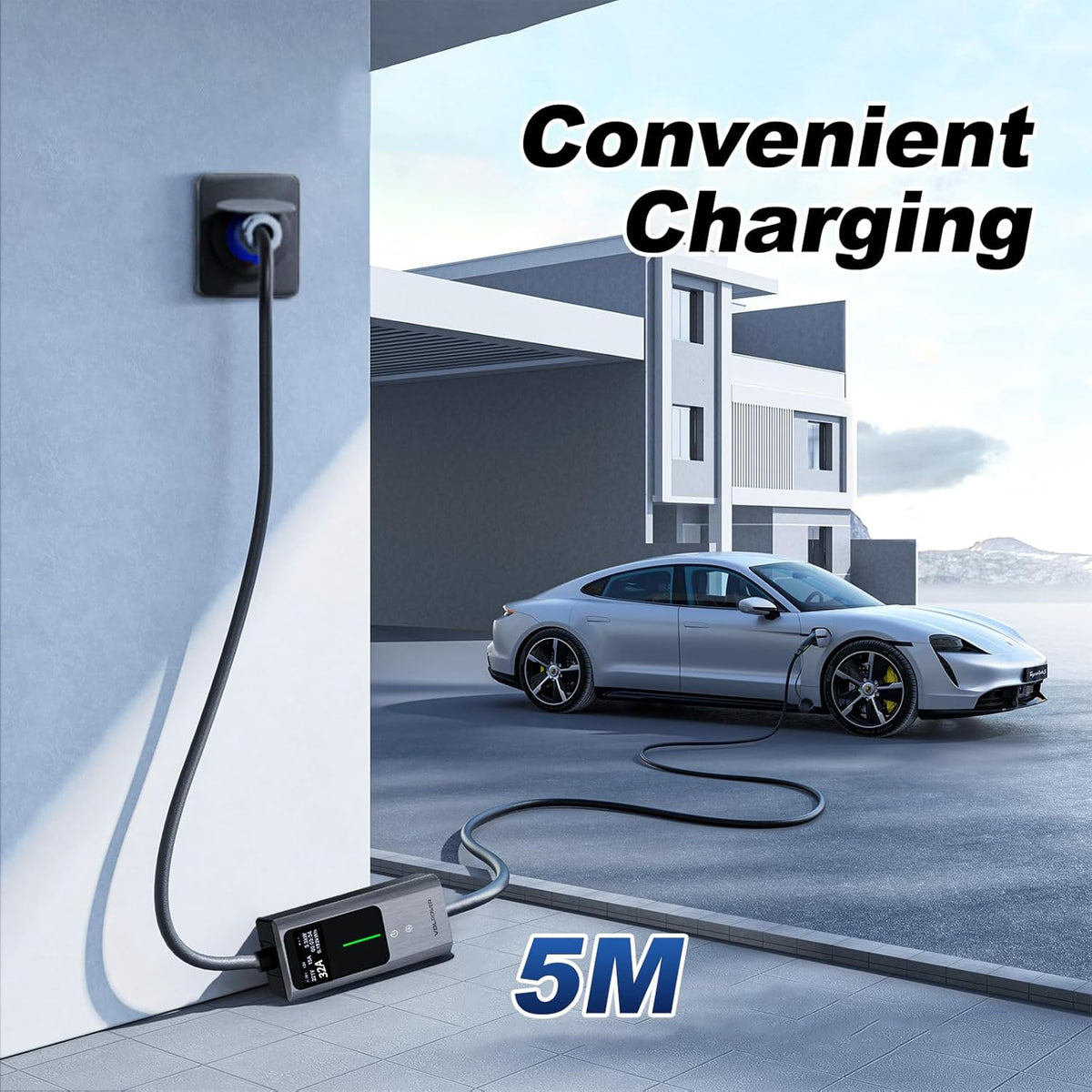 Type 2 oplaadkabel CEE, 7 kW / 5 m oplaadkabel elektrische auto, 6A-32A draagbare EV oplader, type 2 Wallbox laadstation voor elektrische voertuigen met eenfasige, IP65