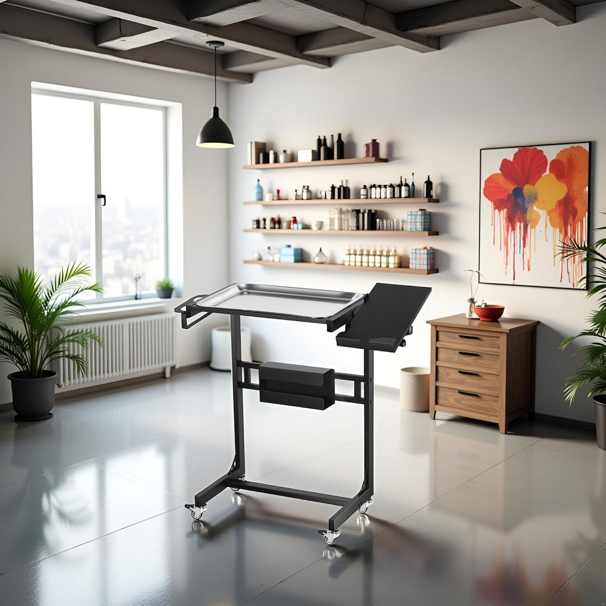 POARMEEY Roestvrij staal Tattoo Tray Winkelwagen op wielen, Service Rolling Tray met Extension Draaibare Tafelstandaard, Tattoo Opslag Utility Tray voor Salon Spa Tandheelkundig Gebruik