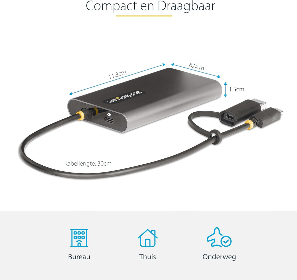 StarTech.com USB-C naar Dual-HDMI Adapter, USB-C of A naar 2x HDMI, 4K 60Hz, 100W Power Delivery Pass-Through, 30cm Ingebouwde Kabel, Multi-Monitor Converter voor Laptop (109B-USBC-HDMI)