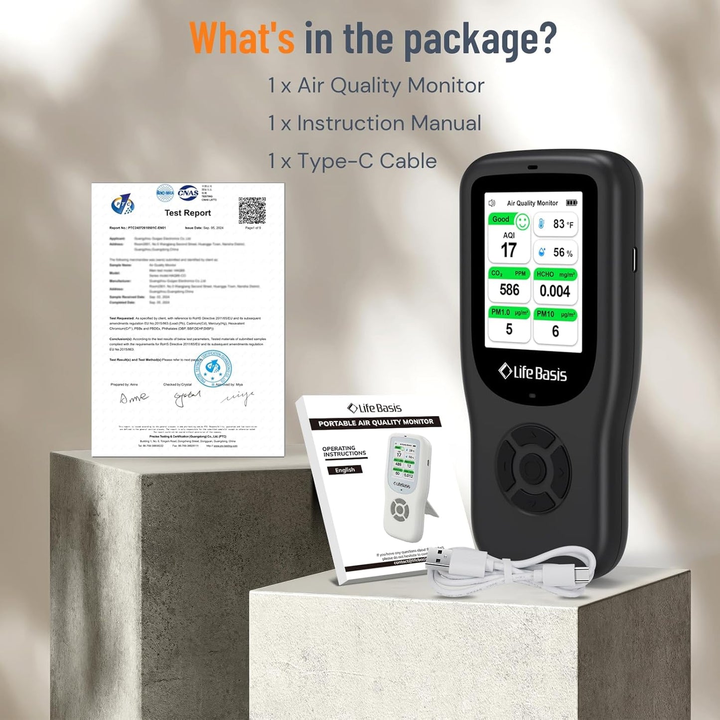 LifeBasis 10-in-1 luchtkwaliteitsdetector, formaldehyde-detector, AQI-vervuilingsmonitor met temperatuur en luchtvochtigheid, voor het testen van PM2.5/PM10/HCHO/TVOC/CO2, USB-opladen, voor thuis en
