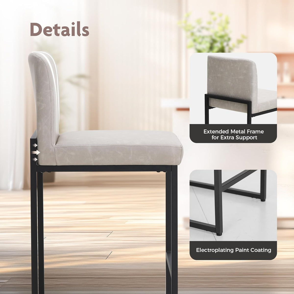 ALPHA HOME Barkruk set van 2 barkrukken met rugleuning, PU-leer, keukenkruk, barstoel, set van 2 met voetensteun, voor aanrecht, stabiel metalen stalen frame, lichtgrijs