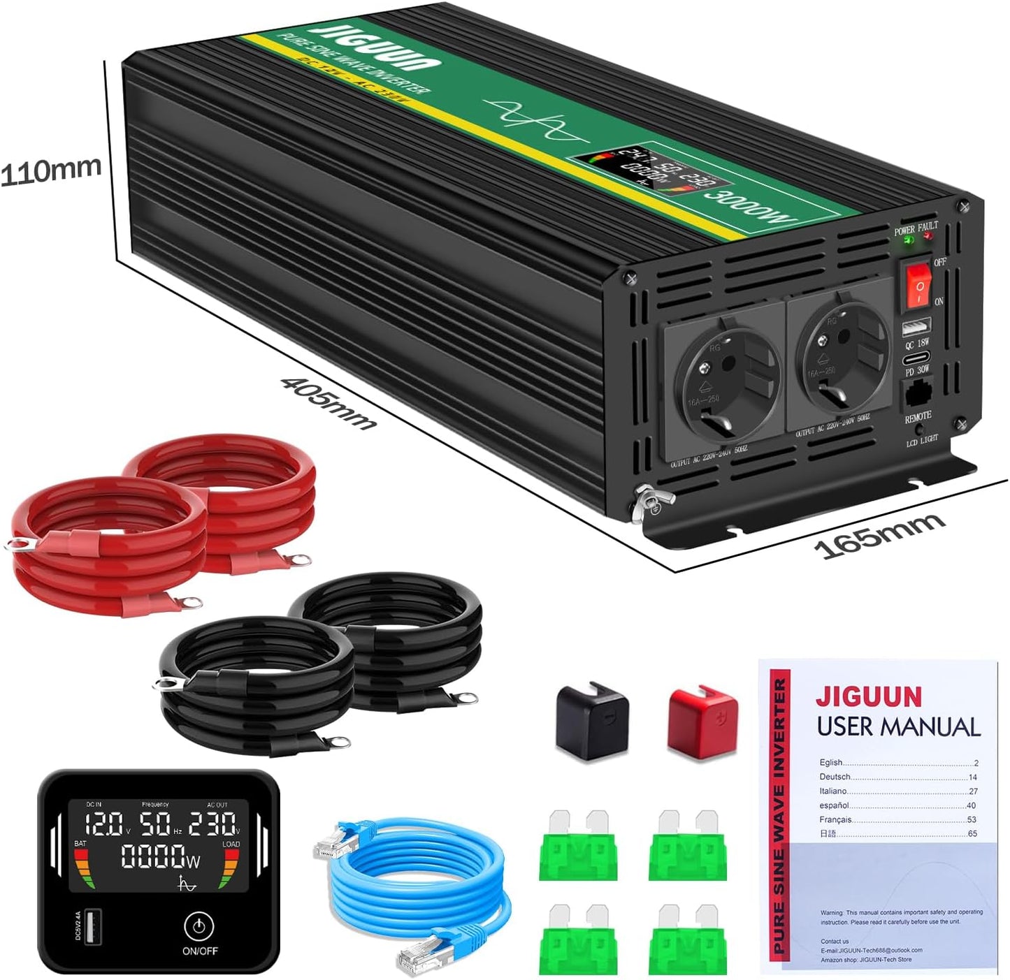 JIGUUN 3000W/6000W omvormer 12v naar 230v zuivere sinus Converter power inverter met afstandsbediening LCD-scherm 2 Eu-stopcontact & 1 USB-poort voor auto, camping, reizen,noodgeval