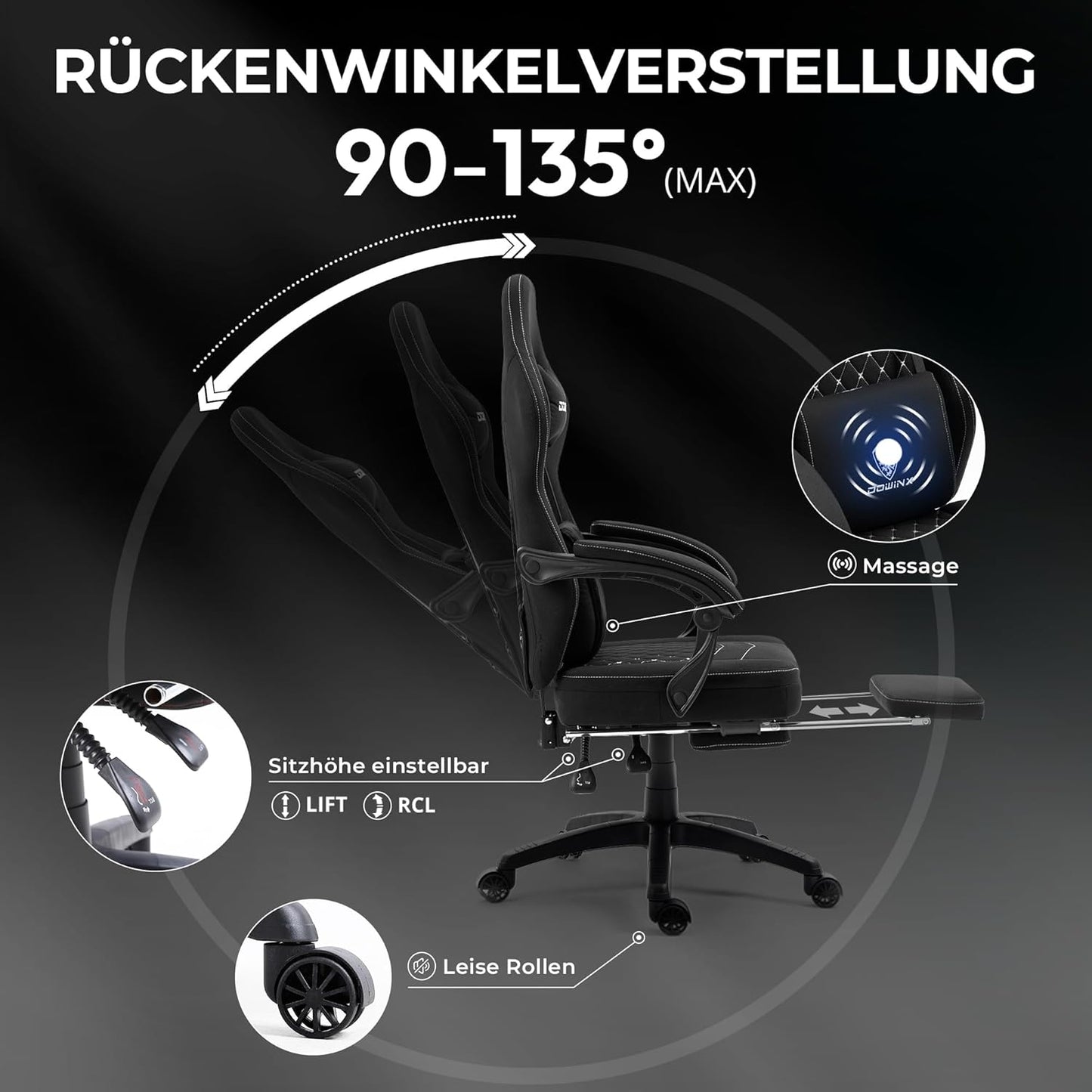 Dowinx Gaming Chair with Pocket Spring Cushion, Massage Gaming Chair with Footrest, Ergonomic Racing Gamer Chair, Maximum Load 150 kg, Black - QUORE