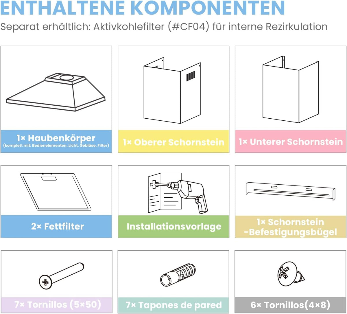 COMFEE CH60A17EM400B Afzuigkap, 60 cm convectie en afvoerlucht, wandkap met actieve koolfilter, 400 m³/u luchtstroom, 5 lagen, wasbaar vetfilter, instelbare open haard, zwart