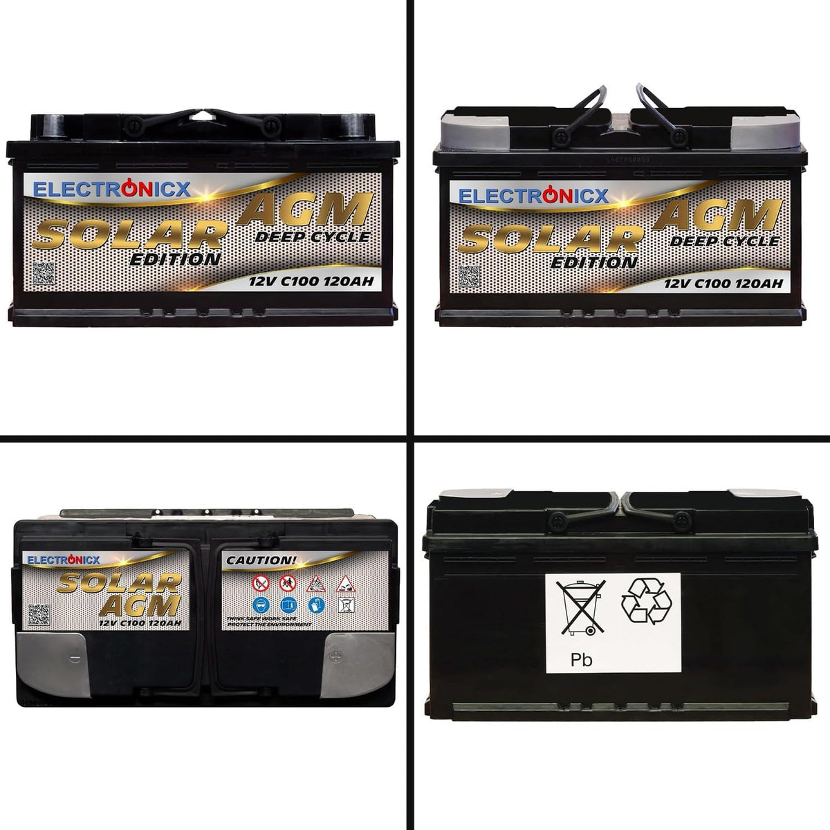 Electronicx AGM boordaccu 120Ah 12V – Deep Cycle Solar Edition – 12V C100 zonne-energie accu met AGM-technologie – 353x175x190mm – onderhoudsvrij – voor camper, boot, fotovoltaïsch 120 Ah