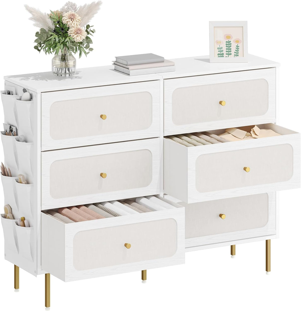 Hzuaneri Chest of Drawers 110 cm, Cabinet with 6 Fabric Drawers, Multifunctional Dresser with Fabric Bag, Metal Frame, 30 x 110 x 85 cm, for Living Room and Bedroom, Modern, White Gold DU25813AW