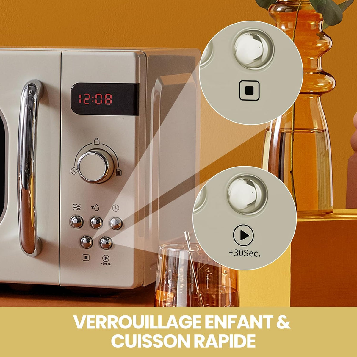 COMFEE Retro magnetron CMSRO 20di cr met 8 Rutomatische Renus, 5 kookstanden, express-kookknop, 20 l, 800 W, abrikozencrème