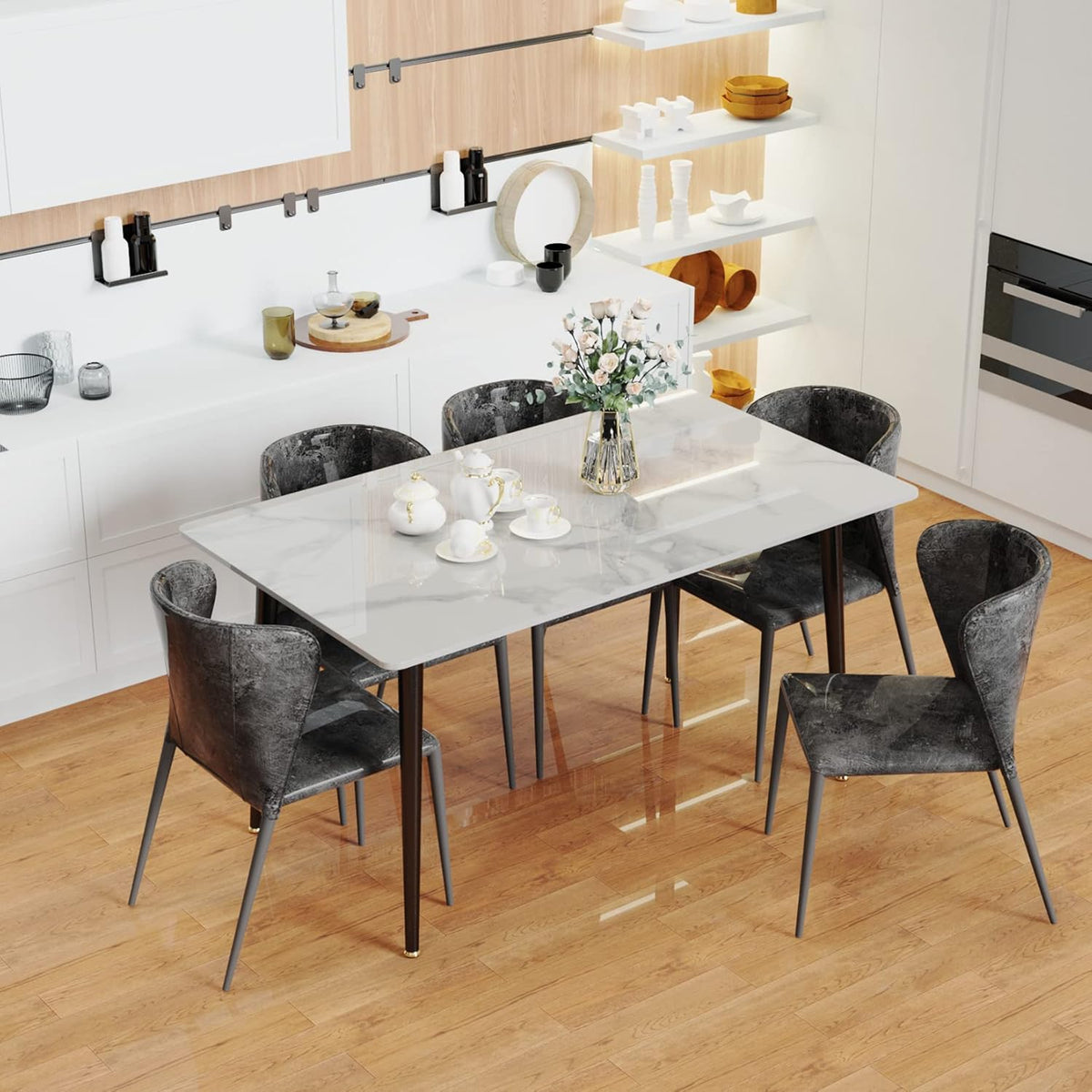 FATIVO Eetkamertafel marmeren eettafel 120x70cm, keukentafel klein 4 personen smalle eettafel eenvoudige woonkamer wit hoogglans Scandinavische tafels voor eetkamer restaurant metalen tafelpoten