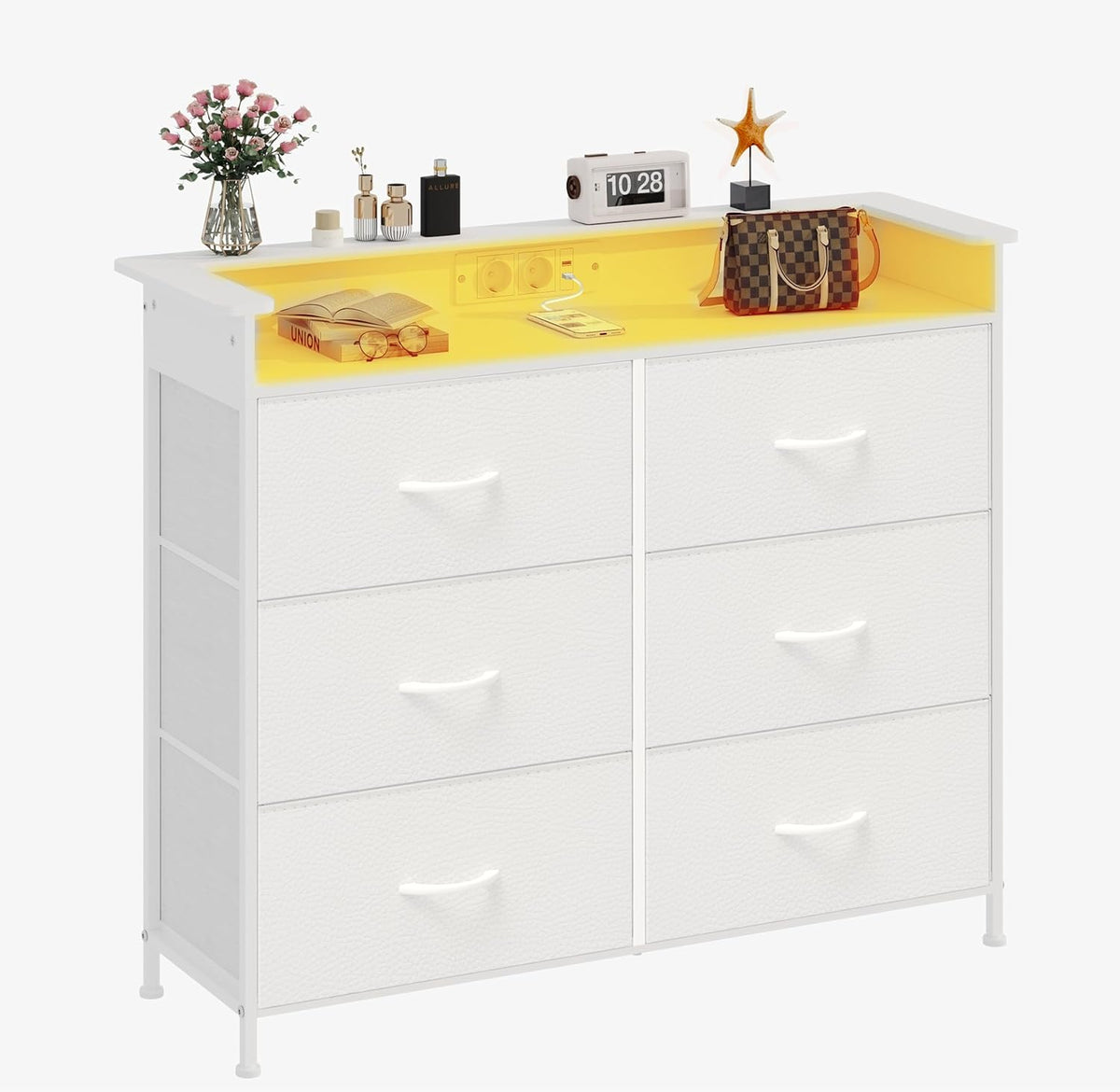 VEDECASA Commode met 6 laden en LED-verlichting. Dressoir met 2 USB-poorten & 2 stopcontacten. Opbergtoren met kast voor slaapkamer, woonkamer en hal, metalen frame, houten plaat