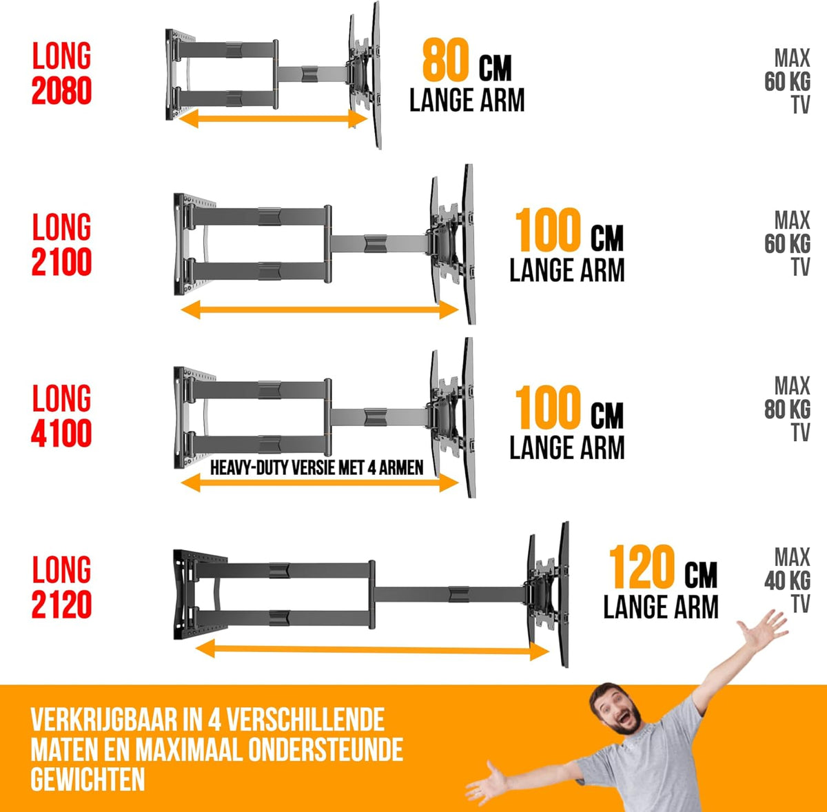 Nanook 2100 TV muurbeugel met lange arm voor 42-75 inch TV's, Extra lange uittreklengte tot 100 cm, Sterke full-motion TV beugel, Max. 60 kg, Draaibaar tot 180°, Max. VESA 600x400