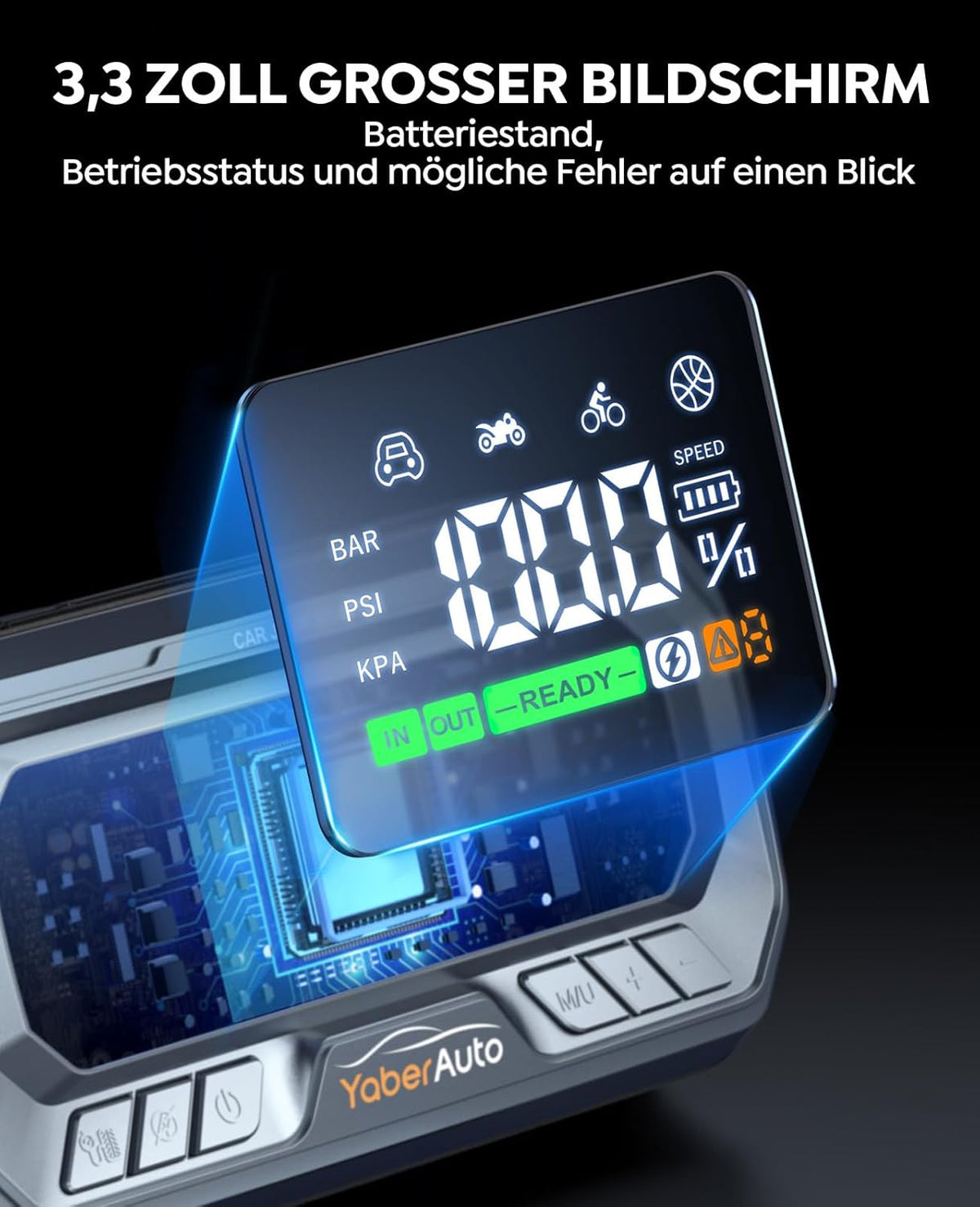 YaberAuto Starthulp powerbank met 160 psi compressor, 6500 A starter powerbank, PD 65 W ingang/uitgang powerbank, voor auto's met 3,3 inch lcd-scherm, 600 lumen noodverlichting, gedwongen startfunctie