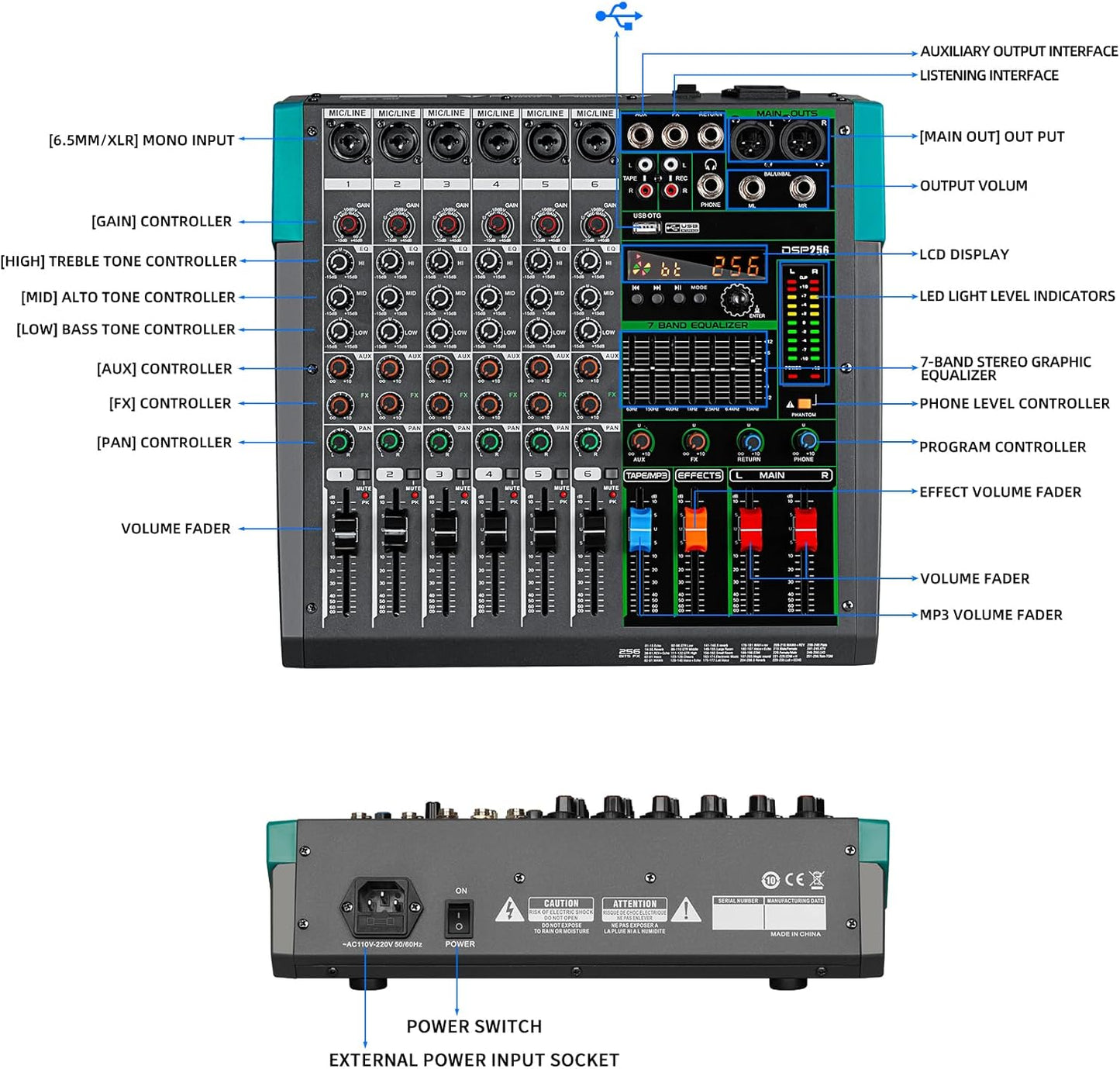 DJ Audio Mixer – Mengpaneel – Mixer – Mengtafel – Geluidsmixer – 6 Kanalen – Bluetooth en USB/MP3 – 256 DSP Effecten