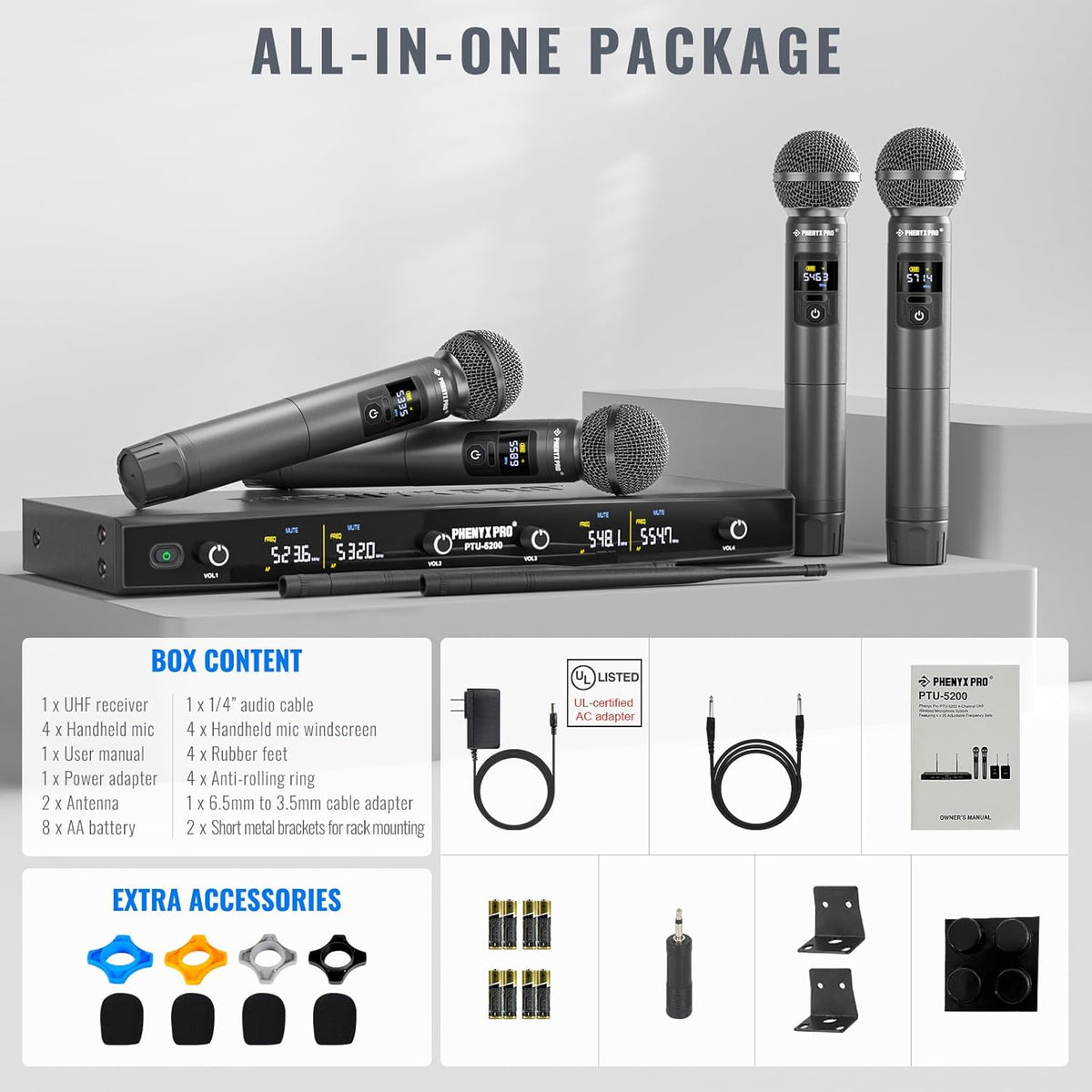 Draadloos microfoonsysteem – Draadloze microfoonset – Karaoke microfoonsysteem – UHF microfoonset – Handheld microfoonset met 4 microfoons – 25 Instelbare UHF Frequenties – Bereik Tot 60 Meter