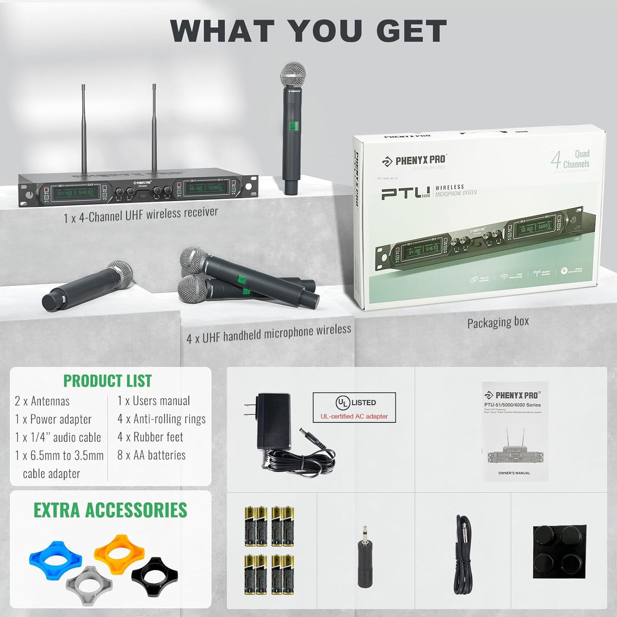 Phenyx Pro Draadloos microfoonsysteem, 4-kanaals UHF draadloze microfoonset met vier handmicrofoons, volledig metalen constructie, vaste frequentie, gebeurtenissen (PTU-5000A)