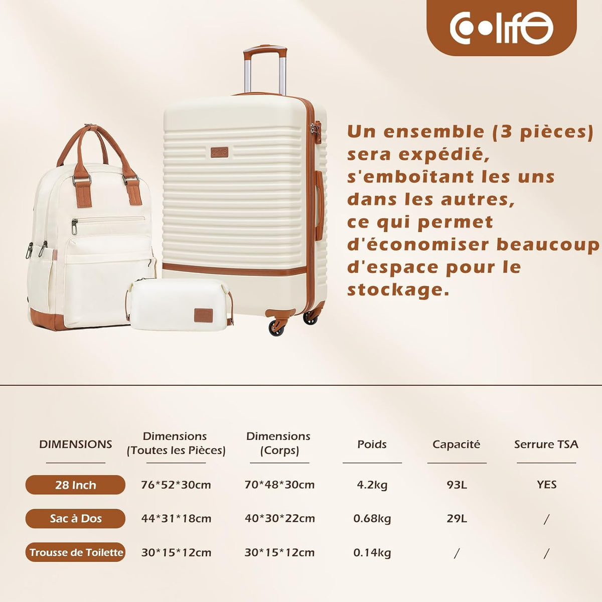 COOLIFE Koffer trolley koffer reiskoffer van ABS hard shell trolley 4 wielen TSA-slot De koffer bevat 1 reisrugzak en 1 toilettas, wit/bruin., 3-Piece Set - Large, Klassiek
