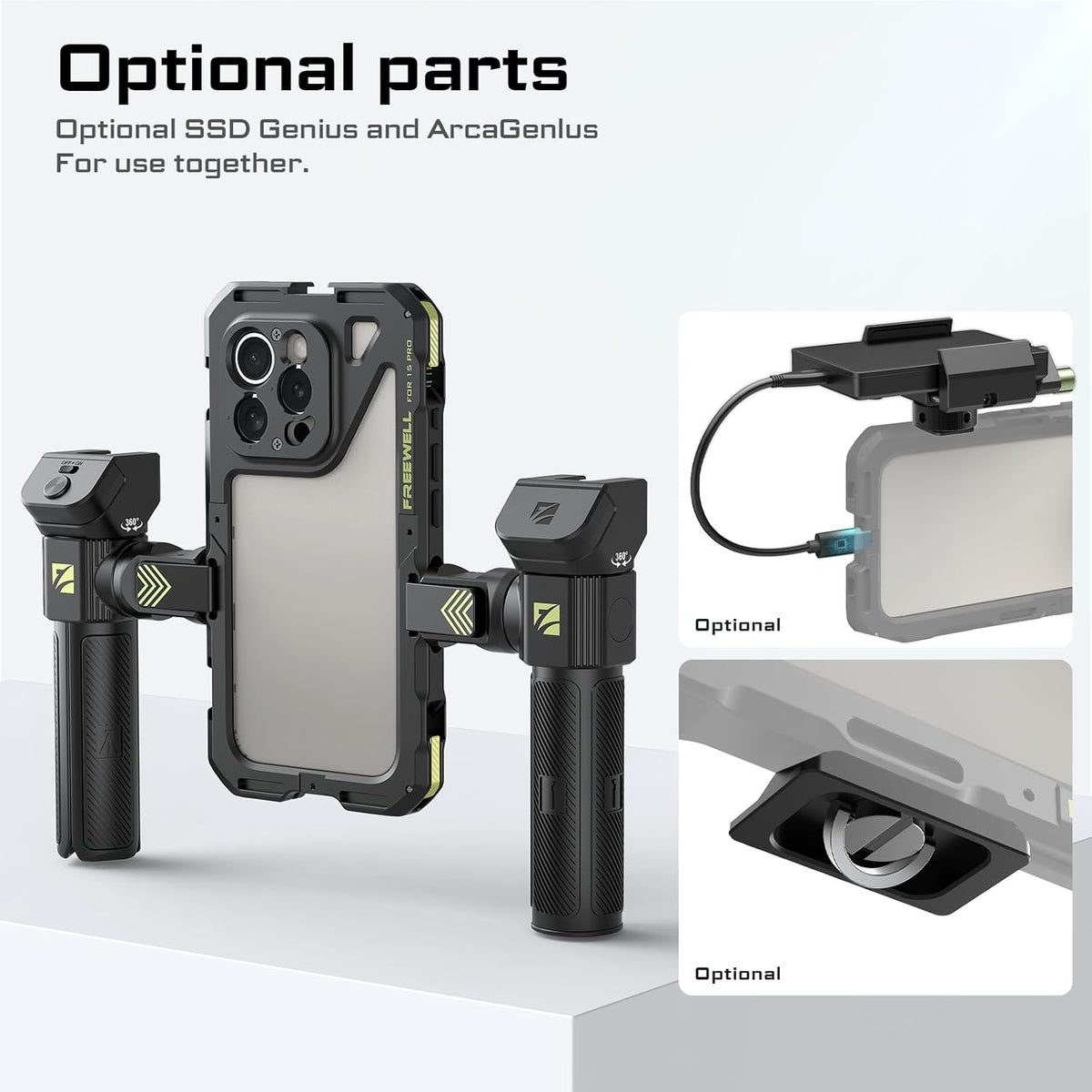 Freewell Multifunctionele Genius Rig Cage zonder gereedschap voor smartphone, snelle installatie, statief- en monopod-handgrepen, Bluetooth-afstandsbediening voor iPhone 15 Pro Max