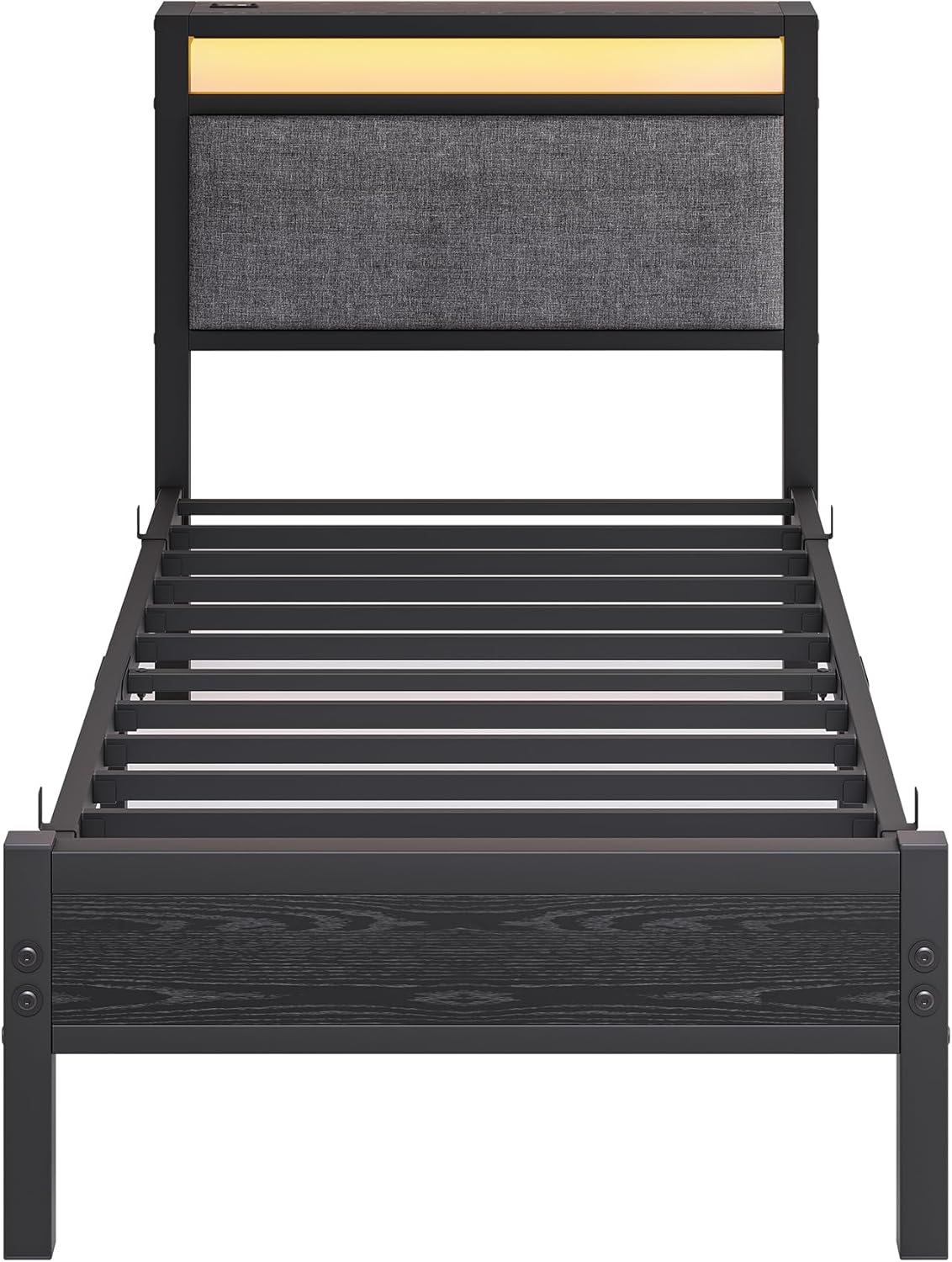 Gestoffeerd bedframe 90 x 200 cm, bedframe met led en laadstation, metalen bed met hoofdeinde, modern logeerbed, tienerbed, metalen eenpersoonsbed met lattenbodem, voor slaapkamer, zwart