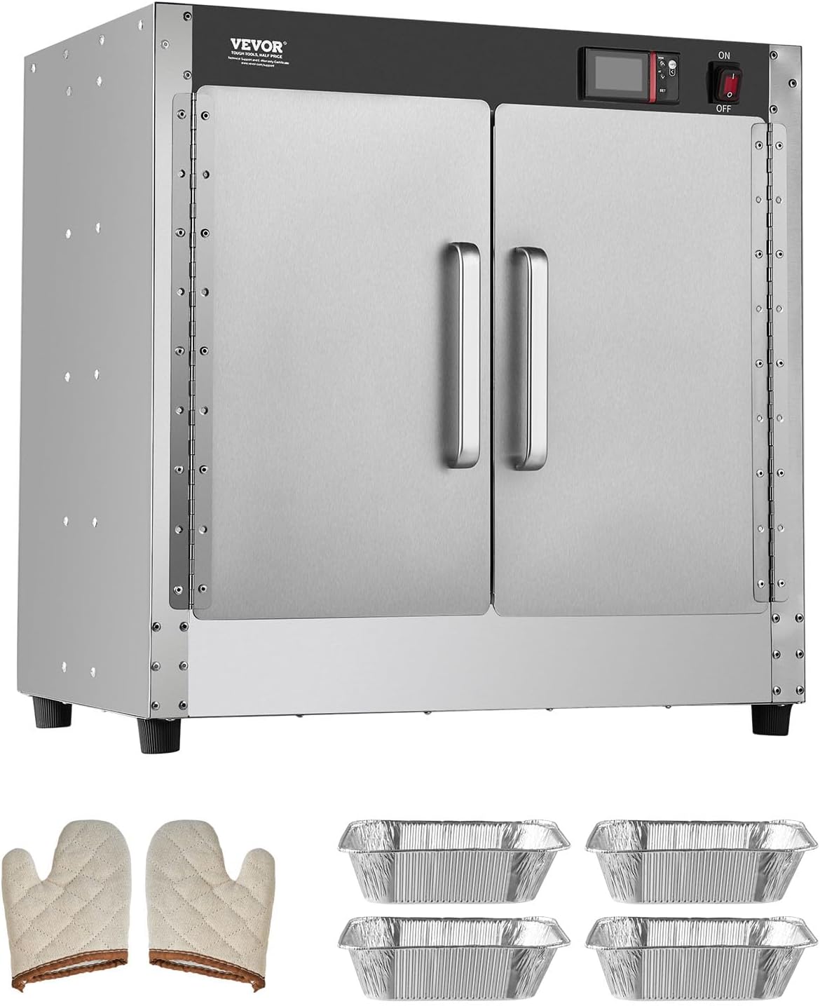 VEVOR Voedselwarmer, 4-traps snackverwarmer met waterbak, 4 pannen en dubbele deur en verstelbare planken, voedselverwarmingskast van roestvrij staal, ideaal voor het opbergen van pizza en kip