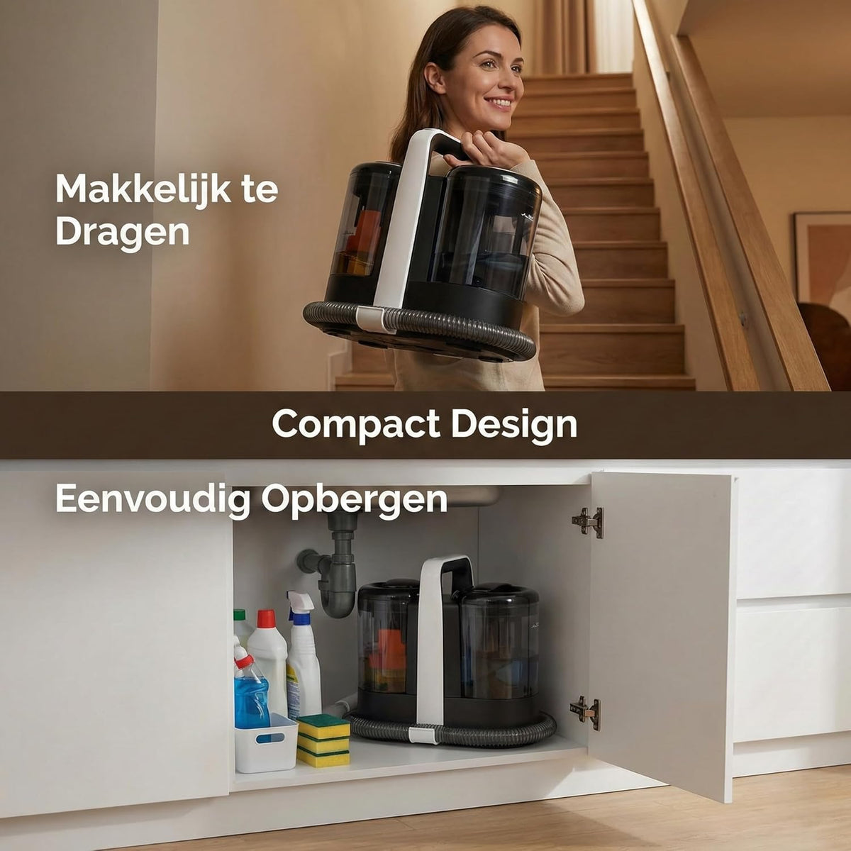Tapijtreiniger – Vlekkenreiniger – Bankreiniger – Meubelreiniger – Zetelreiniger – Compact Design – 600W Krachtige Motor – 15KPa Zuigkracht – 1,5L Schoonwatertank & 0,7L Vuilwatertank – Lichtgewicht & Draagbaar