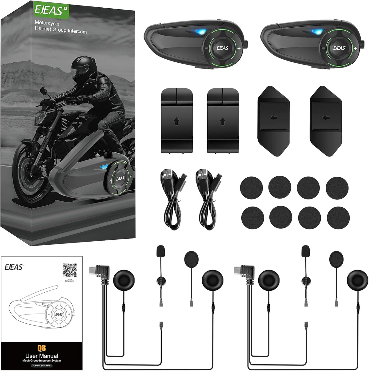EJEAS Q8 Mesh Bluetooth Headset, Helmet Intercom for Up to 6 Motorcyclists, Communication System with 800 m Range Headset, Motorcycle Helmet with Strong Anti-Interference Ability