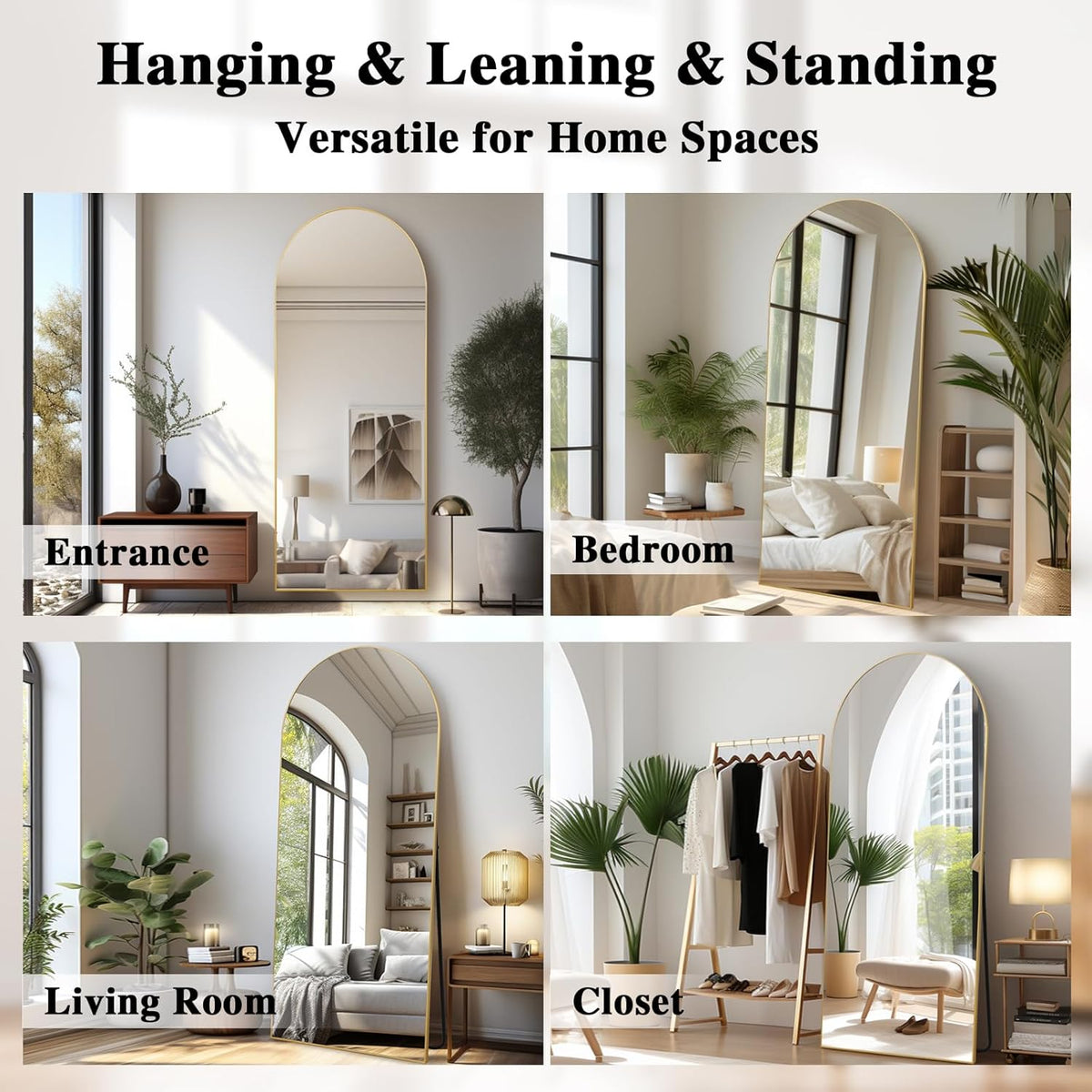 Grote staande spiegel over heel de lengte, vrijstaande vloerspiegel voor de slaapkamer, woonkamer en entree, ideaal voor elke ruimte, boog, goudkleurige rand, 192 x 85 cm