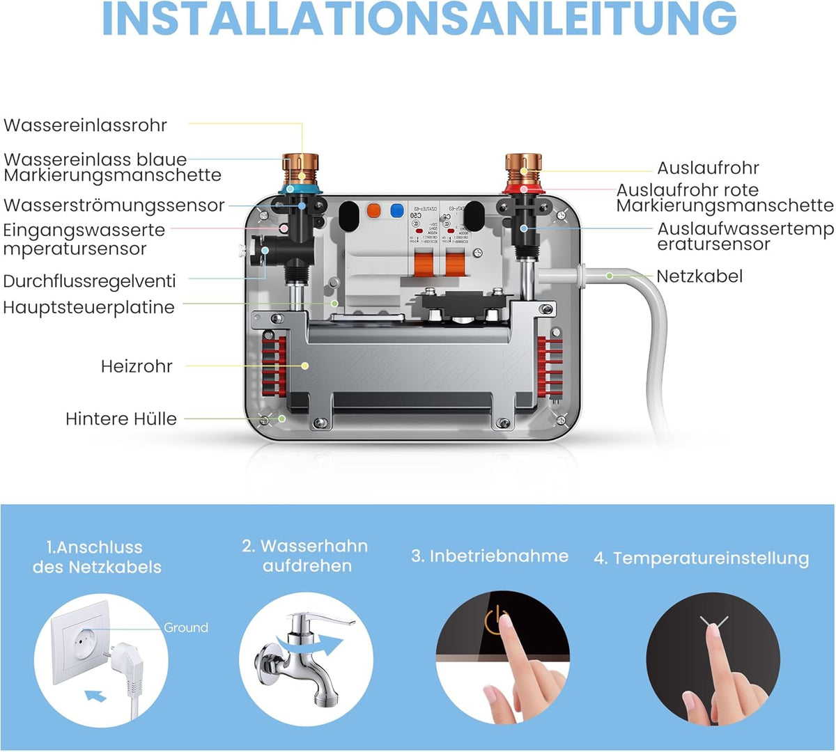 COMFEE CWH3.5EA1W Mini-doorstroomboiler, 3,6 kW, voor wastafel, elektrische doorstroomboiler, klein, 230 V onderbouw, elektronisch geregeld, drukvast, onmiddellijke warmwaterbereiding, ruimtebesparend
