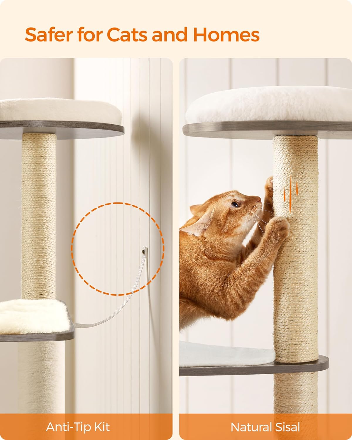 Kattenboom – Krabpaal – Kattenhuis – Kattenmeubel – Klimpaal – 165 cm Hoog – Wasbare Verwijderbare Kussens