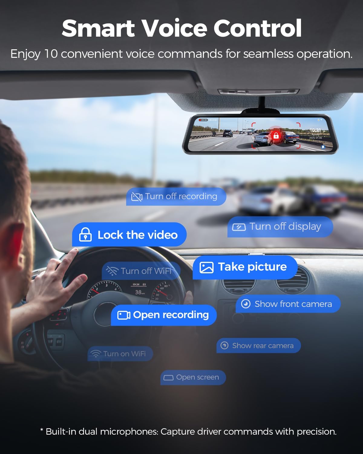 AZDOME 4K spiegel-dashcam, voor aan de auto, voor en achter met 2,5K achtercamera, 5G wifi-autocamera, 64 GB kaart inbegrepen, super nachtzicht, dashcam, GPS, spraakbediening, 12 inch IPS-touchscreen