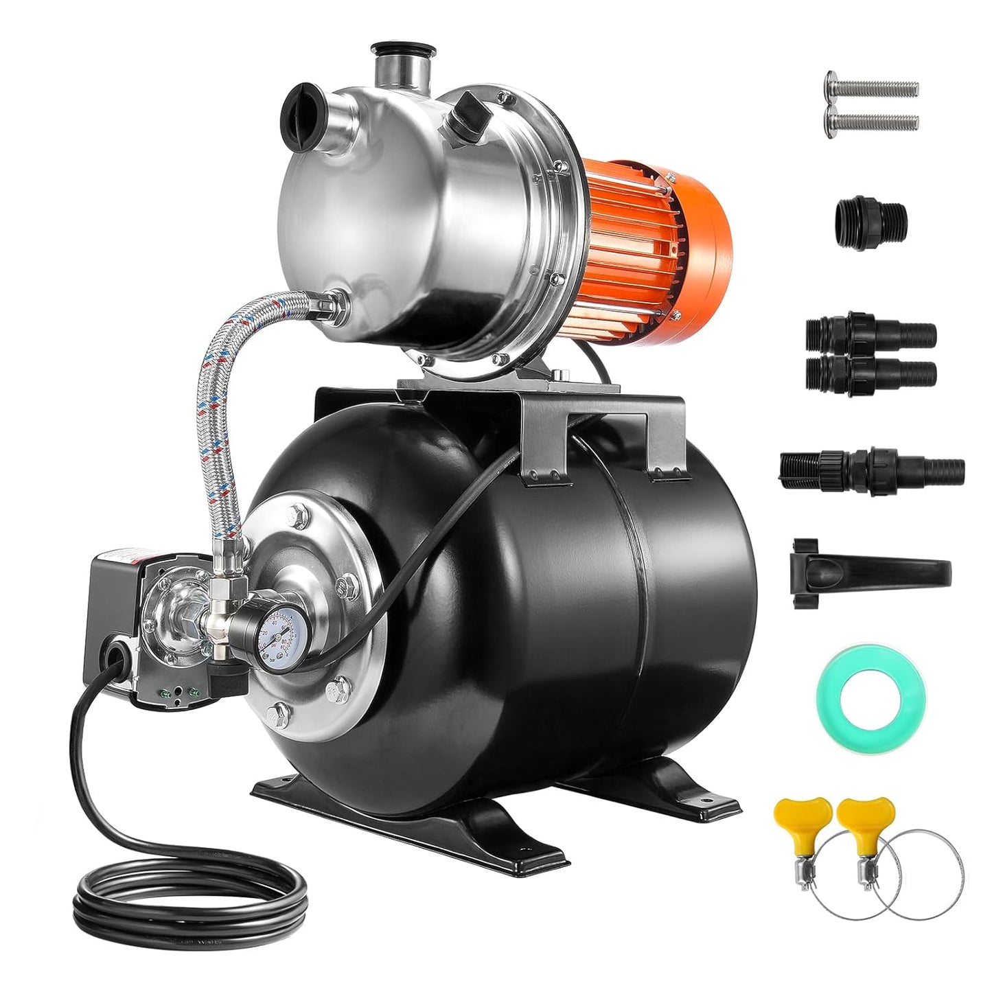 VEVOR 1176 W diepe bronpomp, 5600 l/u, automatische drukverhogingspomp voor irrigatie met 19 l drukreservoir, drukschakelaar, roestvrijstalen pompkop voor gazon