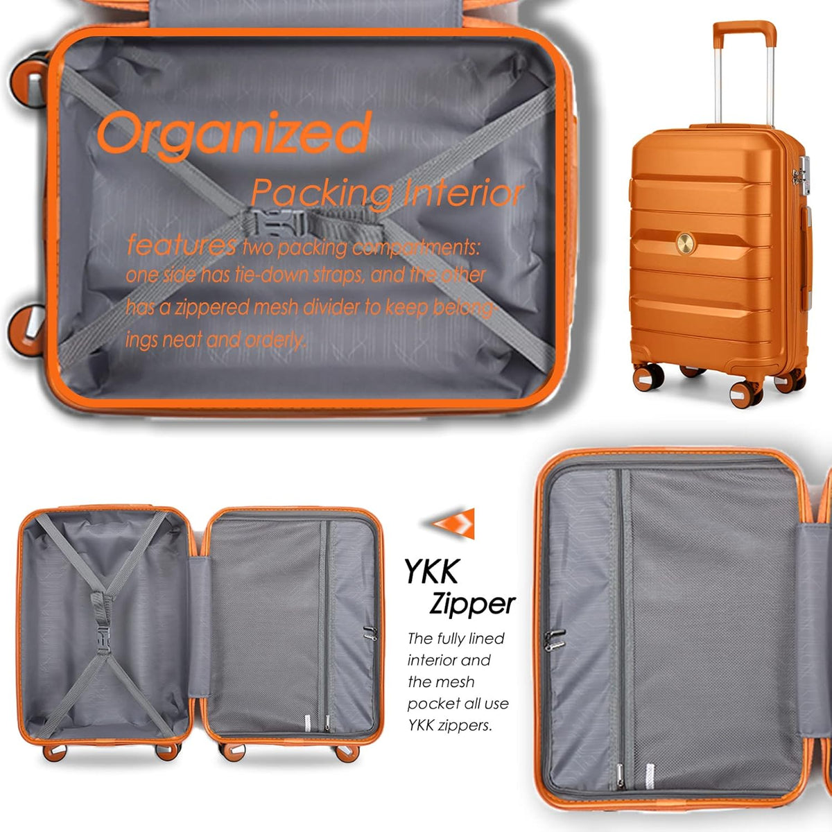 Sea choice Kofferset 4st Handbagage Trolley Koffer met Beautycase Harde Schaal Polypropyleen Reiskoffer TSA slot 4 dubbele Wielen S-M-L-XL (Kofferset 3(Uitbreidbaar), Zonsondergang Goud)
