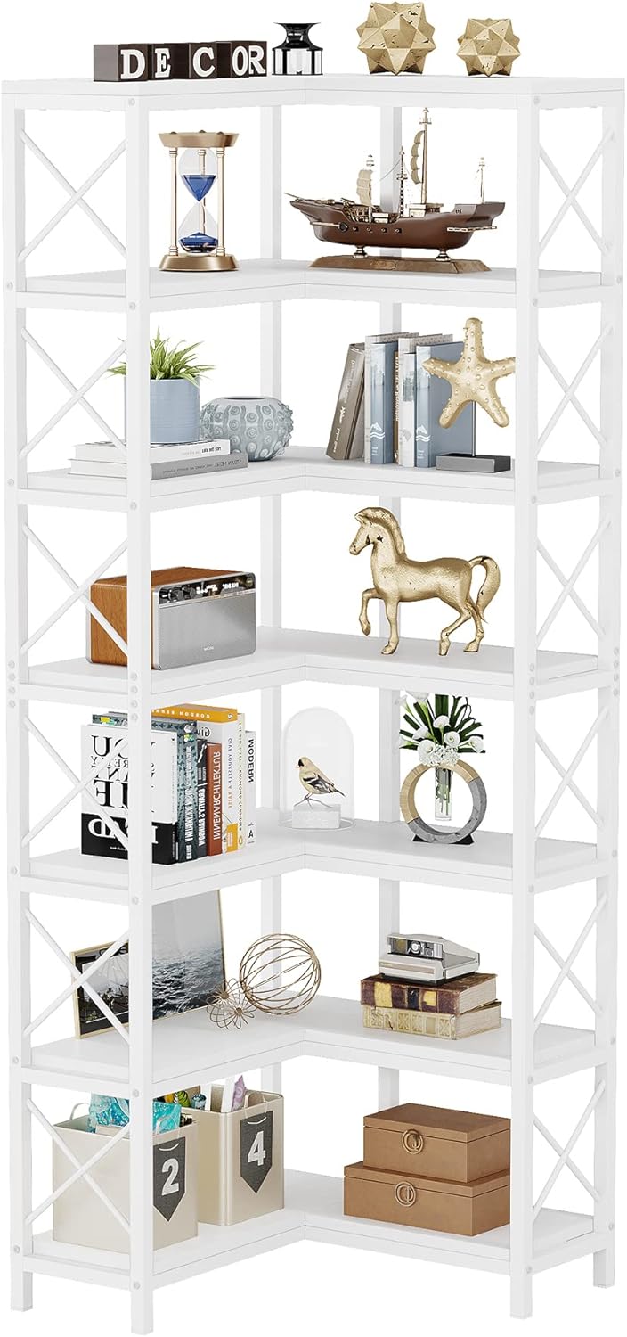 Tribesigns Corner Rack with 7 Shelves, Large Modern Corner Shelf, 7 Stories Corner Shelf with Metal Frame for Living Room, Home Office (White)
