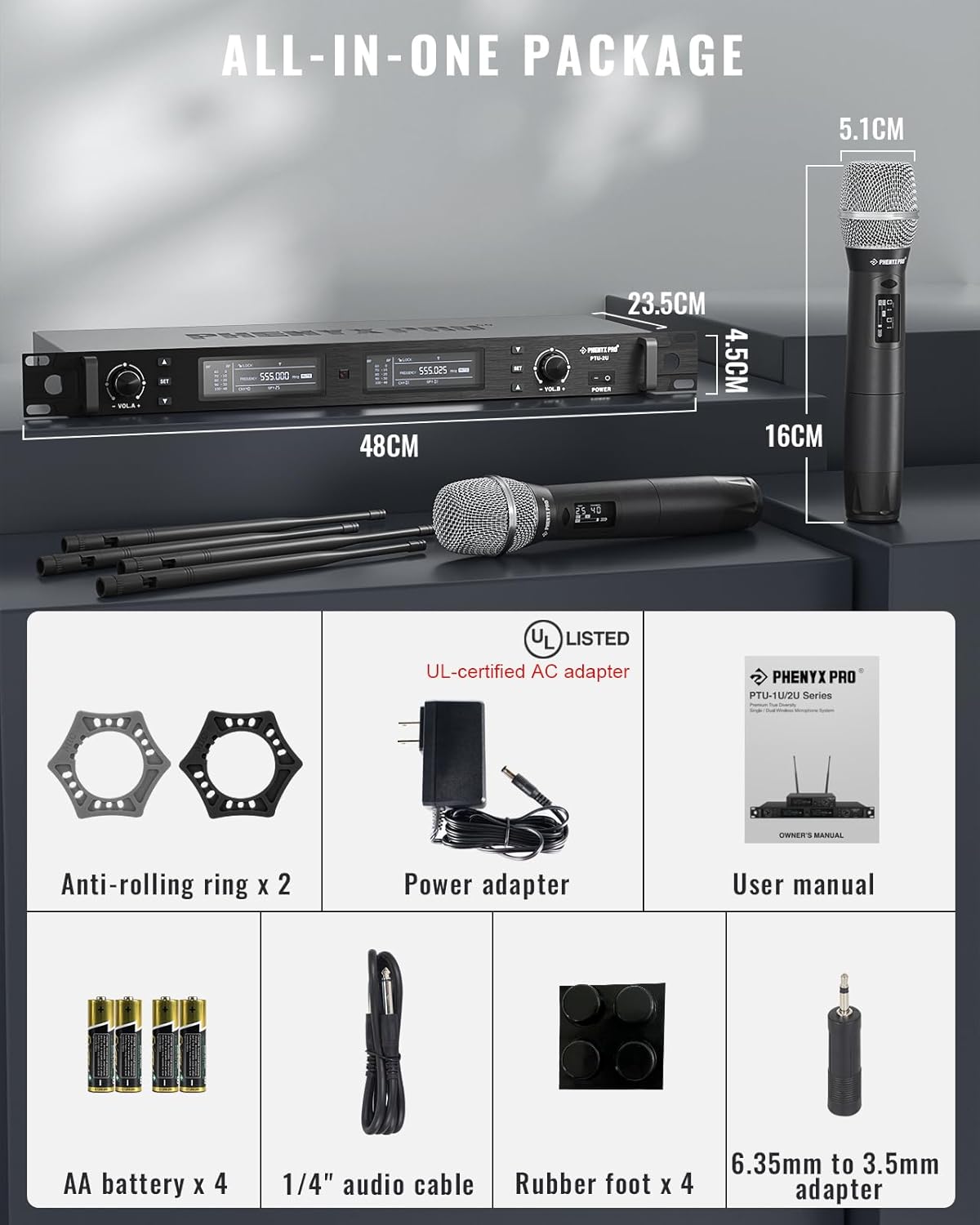 Phenyx Pro Draadloos microfoonsysteem, True Diversity Dual Draadloze Microfoonset, Professionele UHF Handheld Draadloze Microfoons met Auto Scan, 2x1000 Kanalen, 320 ft voor Podium & Studio (PTU-2U)