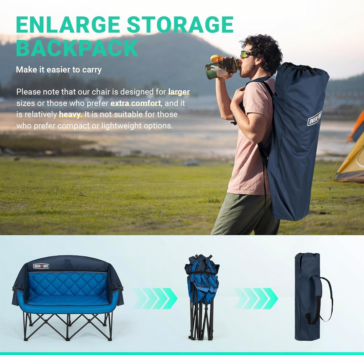 Overmont Extra grote dubbele campingstoel - 2-persoons comfortabele bankstoel Loveseat voor volwassenen - zware gazonstoelen met koeltas en wijnrekken - ondersteuning 800 lbs