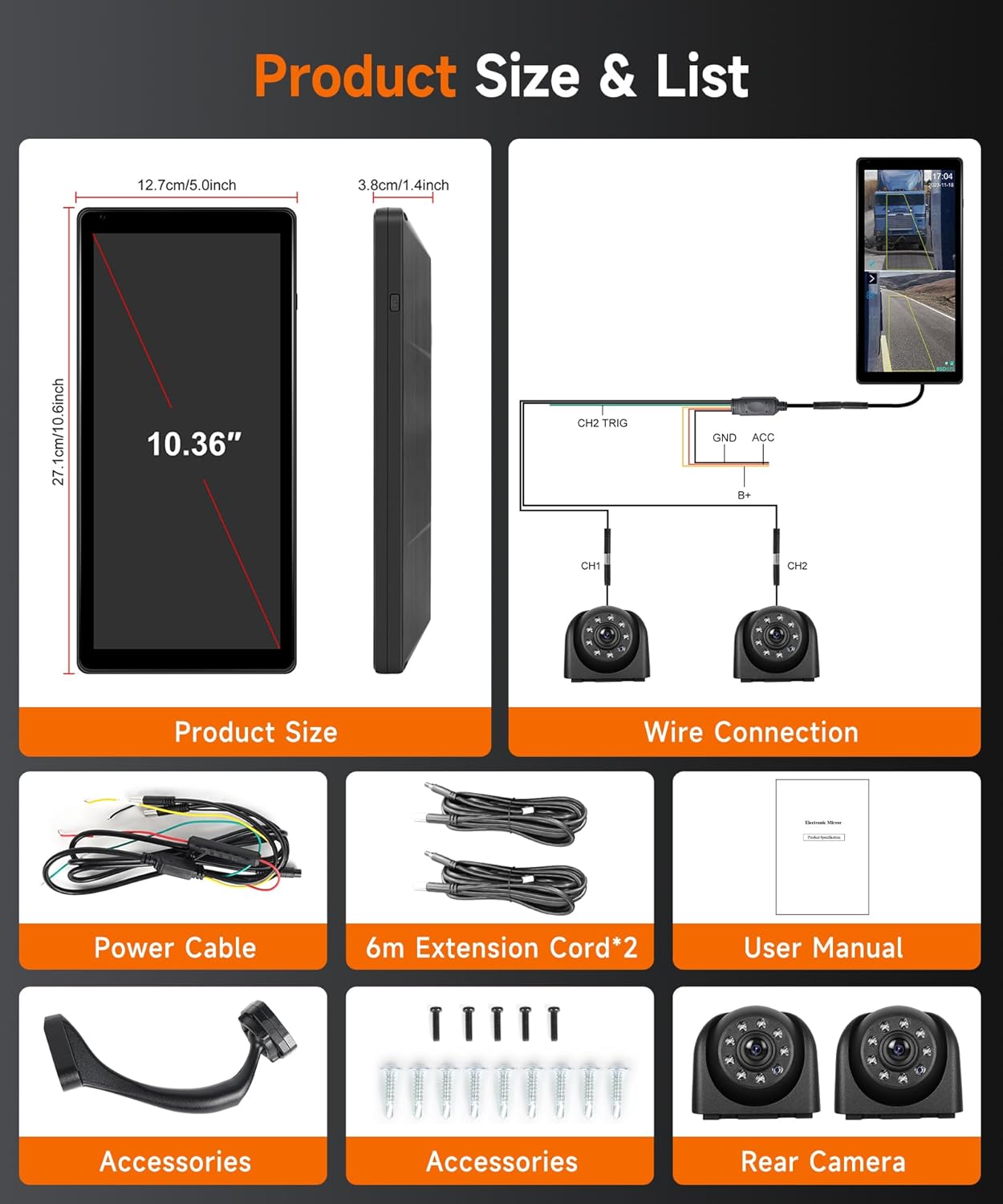 Mirror Dashcam with 2 Rear View Cameras, Truck Rearview Mirror with Vertical Screen for Truck Bus, 10.36 Inch Touch Screen Monitor with BSD Systems/DVR/Walk Recording, IP67 Waterproof - QUORE