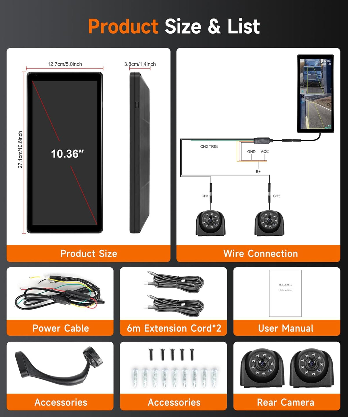 Spiegel-dashcam met 2 achteruitrijcamera's, vrachtwagen achteruitkijkspiegel met verticaal scherm voor vrachtwagen bus, 10,36 inch touchscreen-monitor met BSD-systemen/DVR/loopopname, IP67 waterdicht