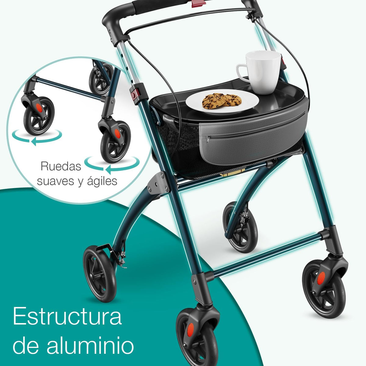 ELONEO Lichtgewicht Rollator voor Binnen - 54 cm Breed, Opvouwbaar Looprek met Dienblad en Stoffen Mandje, Smalle Rollator van Aluminium, Inklapbaar Mobiliteitshulpmiddel, Antraciet
