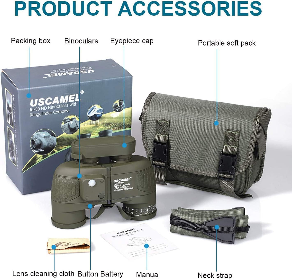 USCAMEL® 10x50 HD Militaire Verrekijker met Afstandsmeter Kompas Telescoop Stikstof Gevuld Waterdichte Sport Optica Legergroen