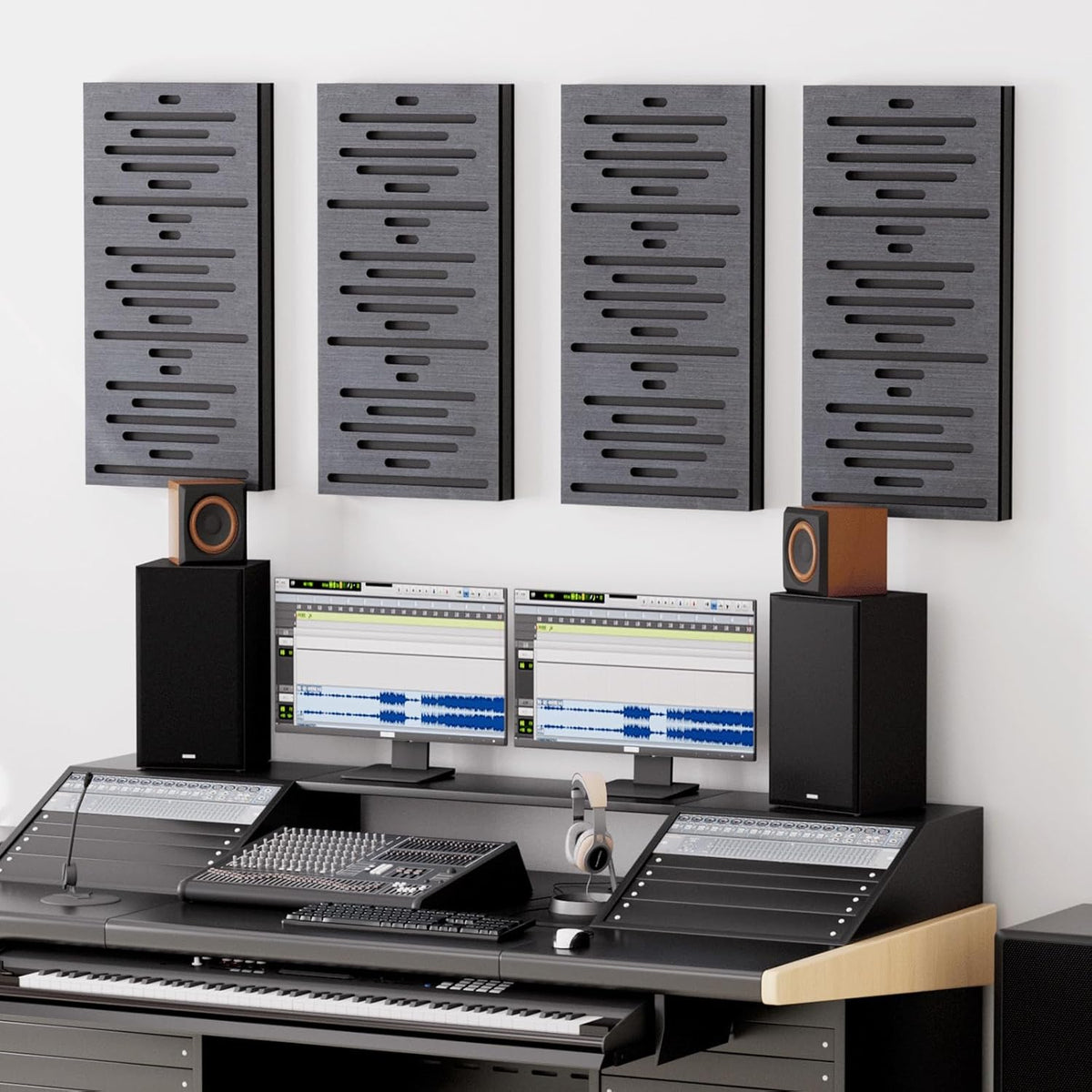 TONOR Houtfineer Akoestische Panelen Zelfklevend, 4 Stuks 60x30x4,7cm Akoestische Panelen Wandpanelen Houtlook, Akoestische Panelen voor Akoestische Behandeling en Wanddecoratie, Kantoor, Zwart