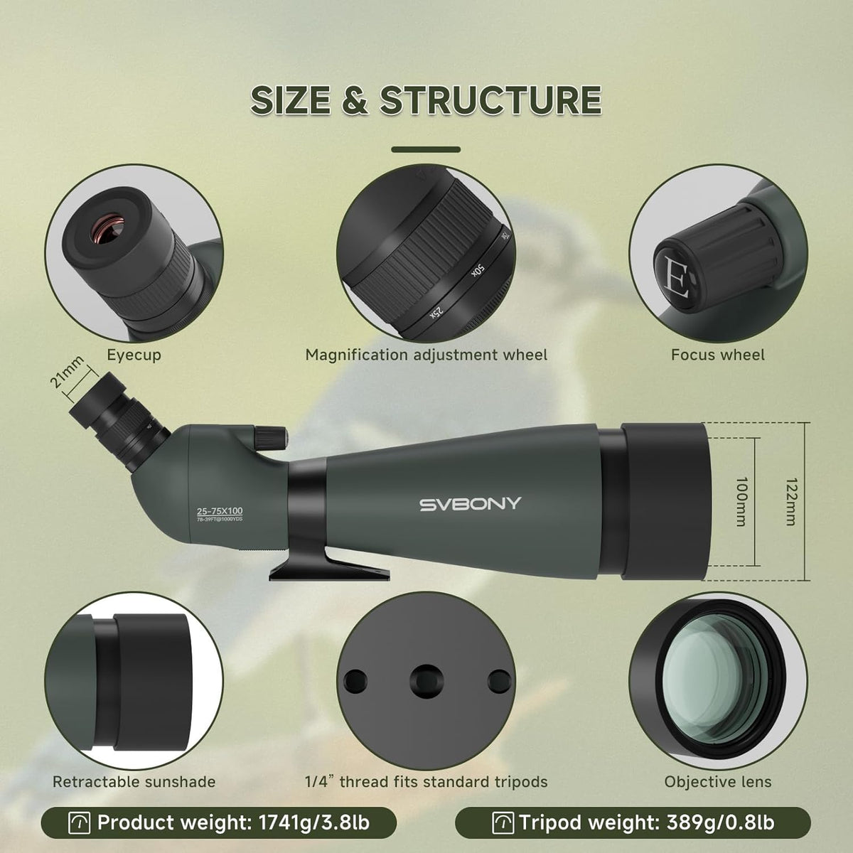 Svbony SV28 Spotting Scope 25-75x100, BAK4 Prism MC Optiek Monoculair met Statief Telefoon Adapter 45 Gebogen Oculair Spotting Scope voor het observeren van vogels