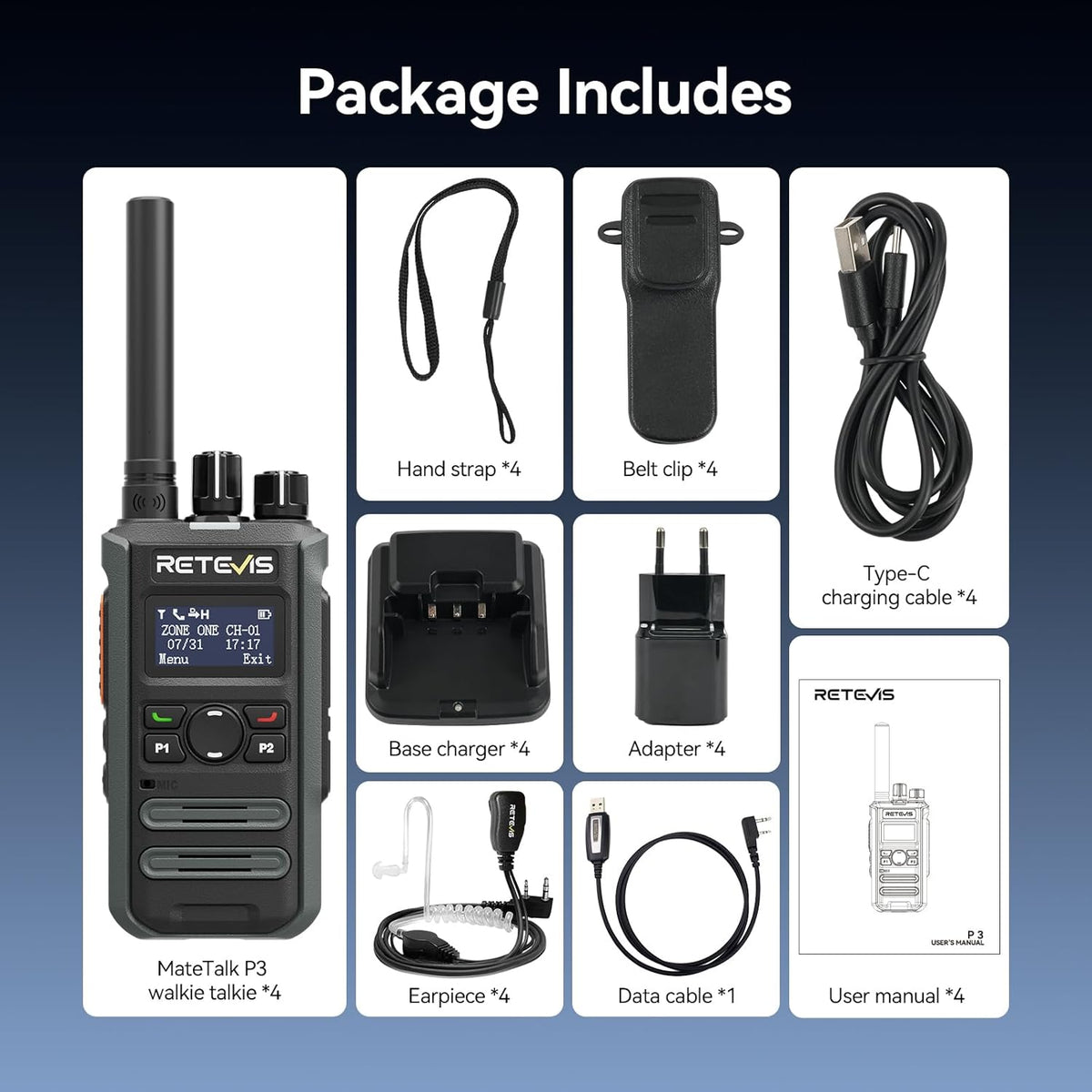 Retevis MateTalk P3 DMR Portofoon met Oordopjes, Snelladen, Portofoons met Groot Bereik, SMS, Groepsgesprekken, LCD-Scherm, Commerciële Digitale Portofoons voor Scholen (4 verpakkingen)