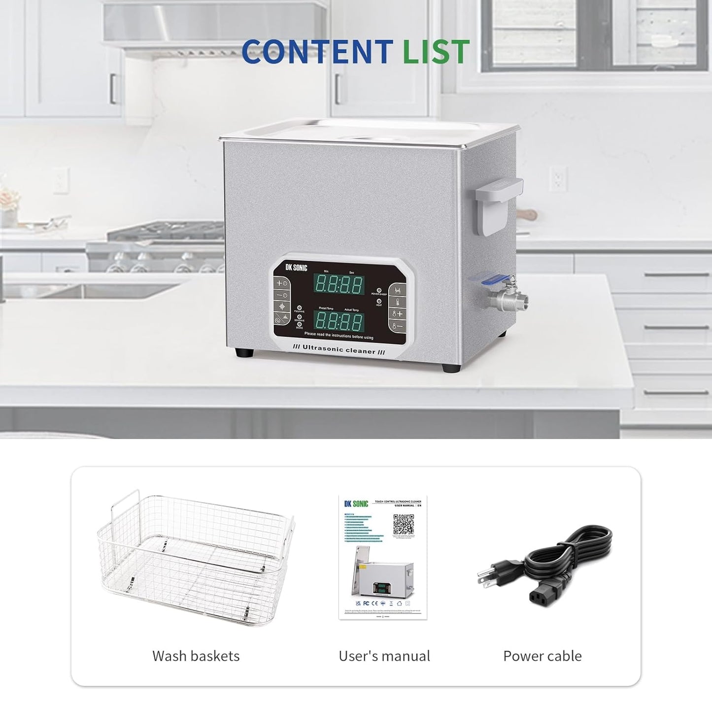 DK SONIC Ultrasoon Reiniger 10L, 240W Zwaar-Duty Sonic Cleaner Met Timer, Verwarming & Aanraakbediening, Multi-Toepassing voor Motorfiets Engines, Carburateurs, Kettingen (Inclusief Mand)